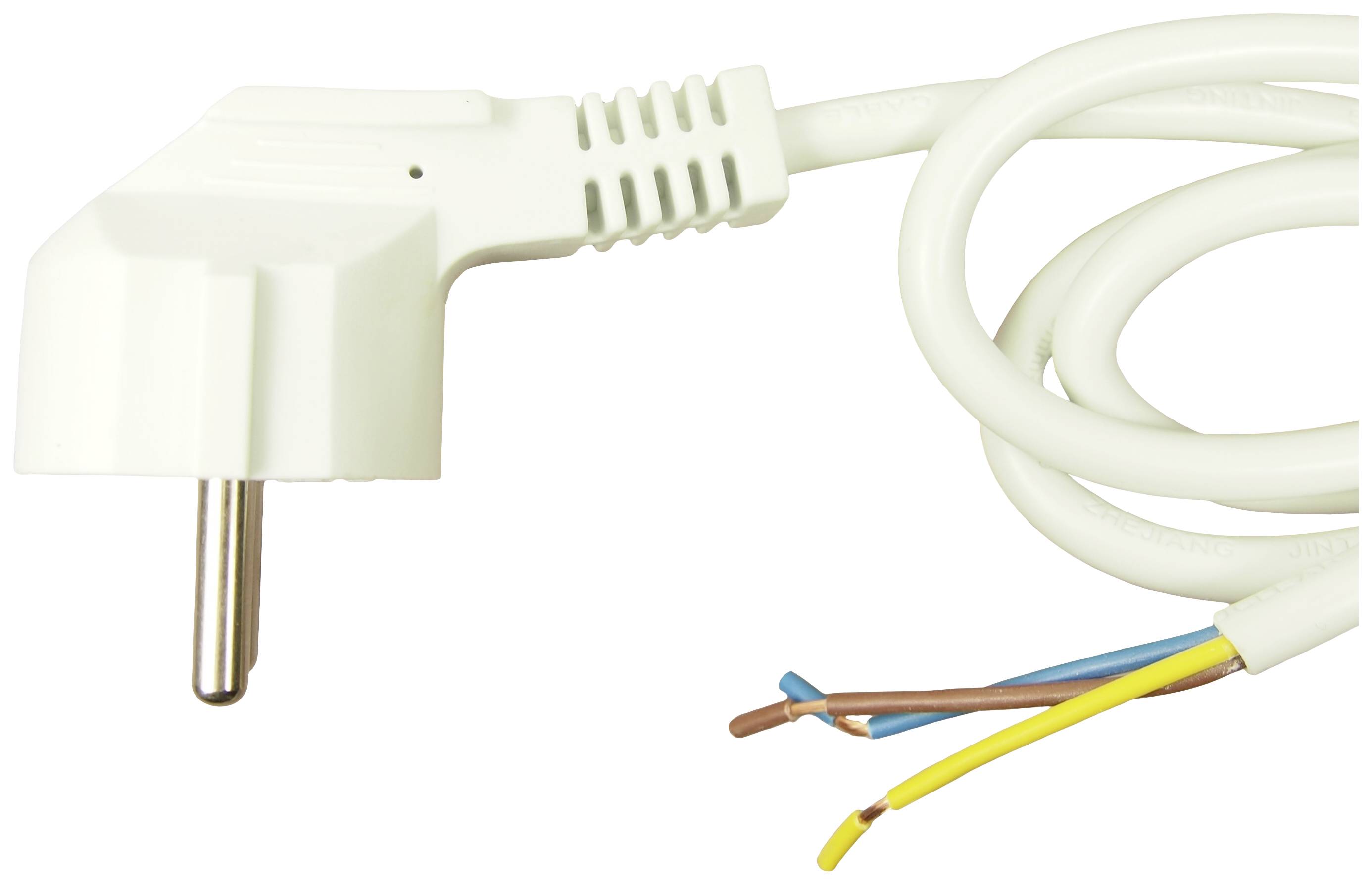 A white, angled electrical cable with stripped ends in brown, blue and yellow-green, ready for connection.