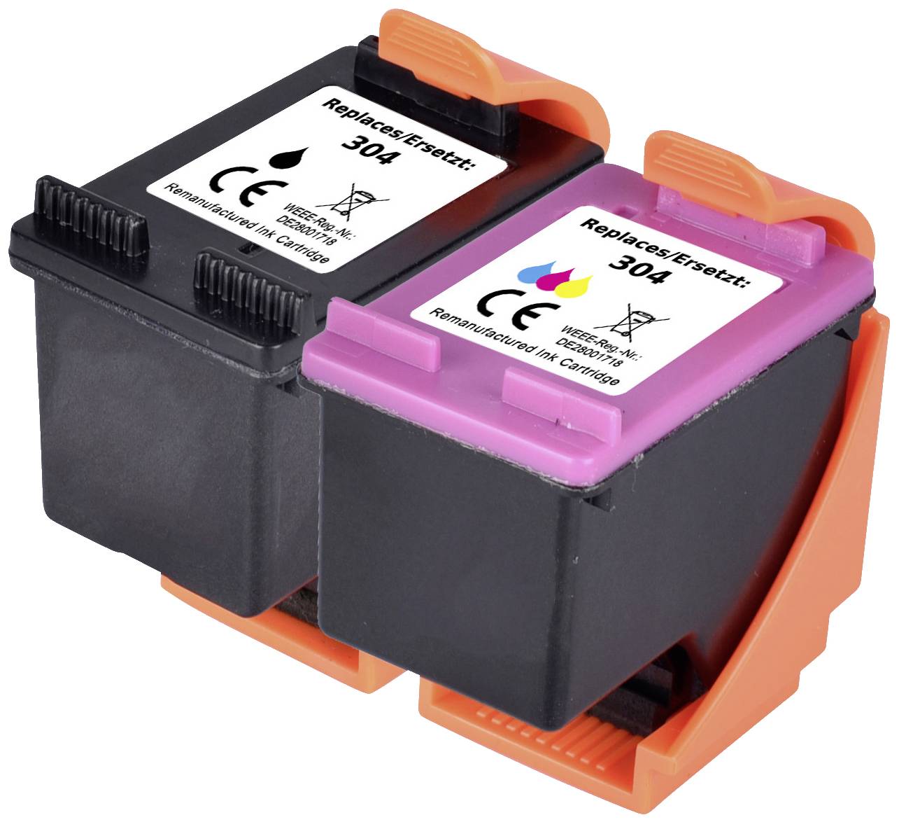 Two ink cartridges labelled 'Replaces 304'. One black, one colour. Suitable for HP printers.