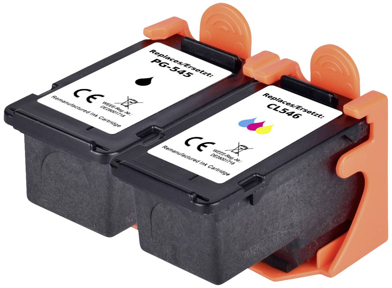 Two printer cartridges labelled 'PG-545' and 'CL-546' in black and colour, with orange holders on a white background.