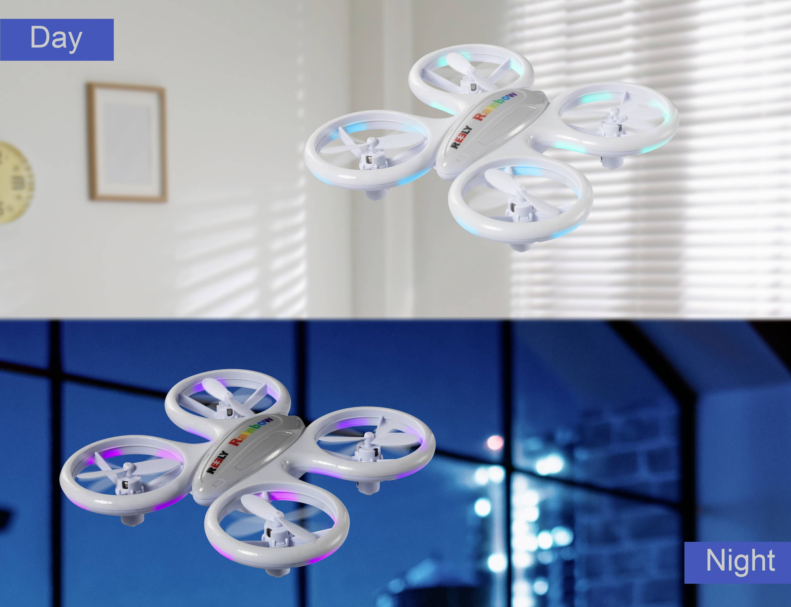 A drone hovers during the day in a sunlit room and at night in front of a window with city lights. Two scenes depict day and night operations.