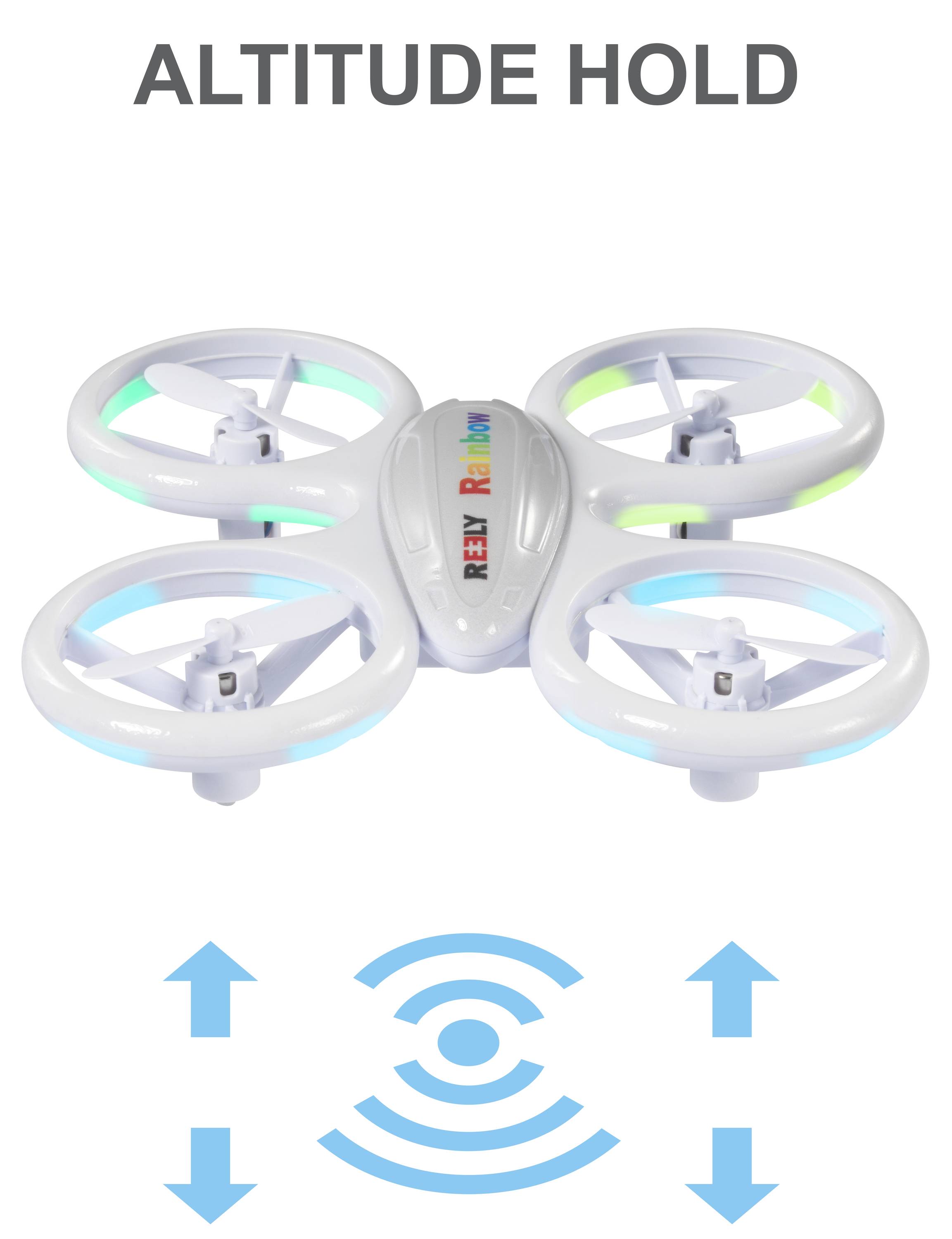 A white quadcopter drone hovers in the air. Above it reads 'ALTITUDE HOLD'. Below are symbols indicating height stability.
