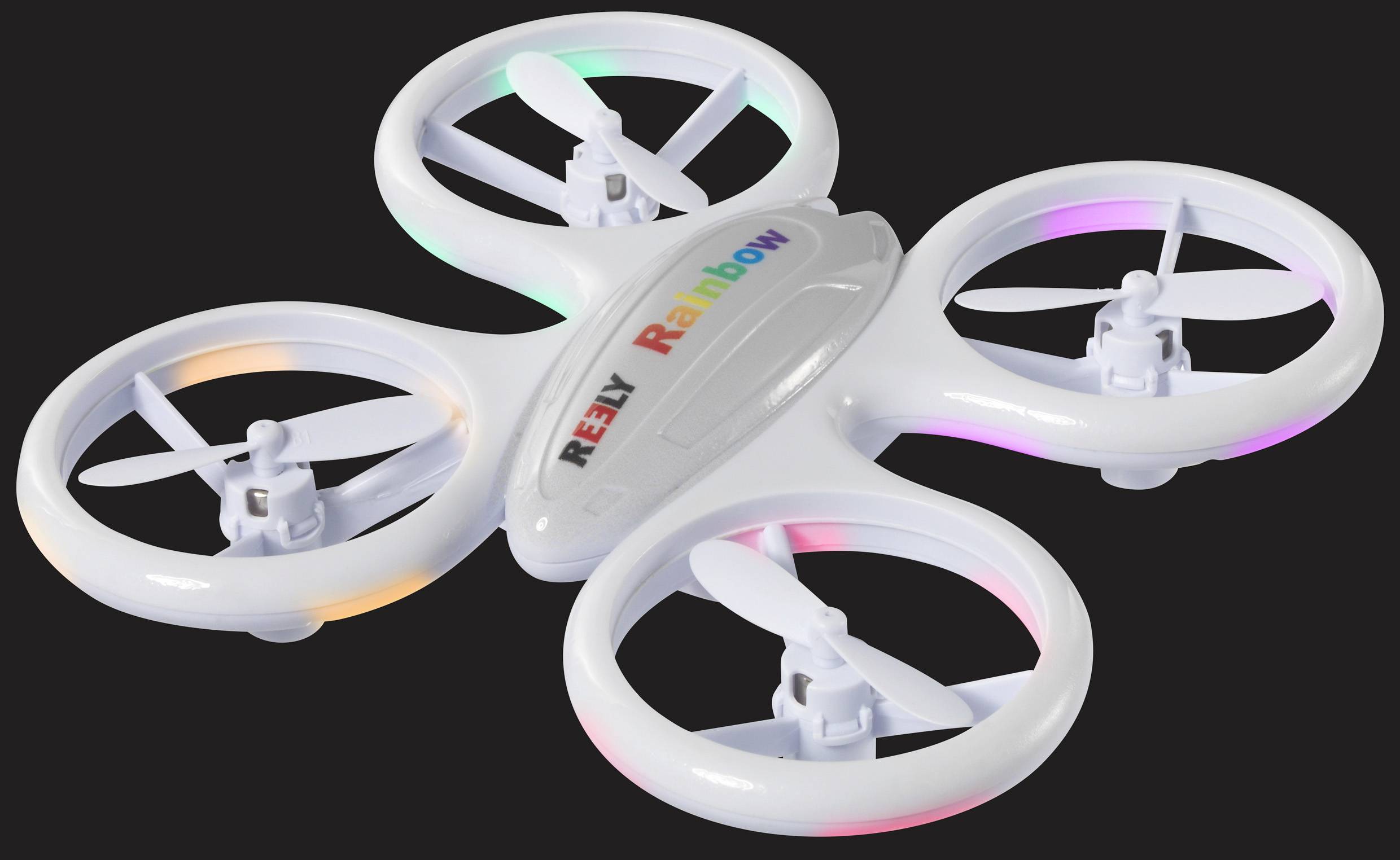 White quadcopter drone with coloured lights on the propellers, 'RELY Rainbow' model, against a black background.