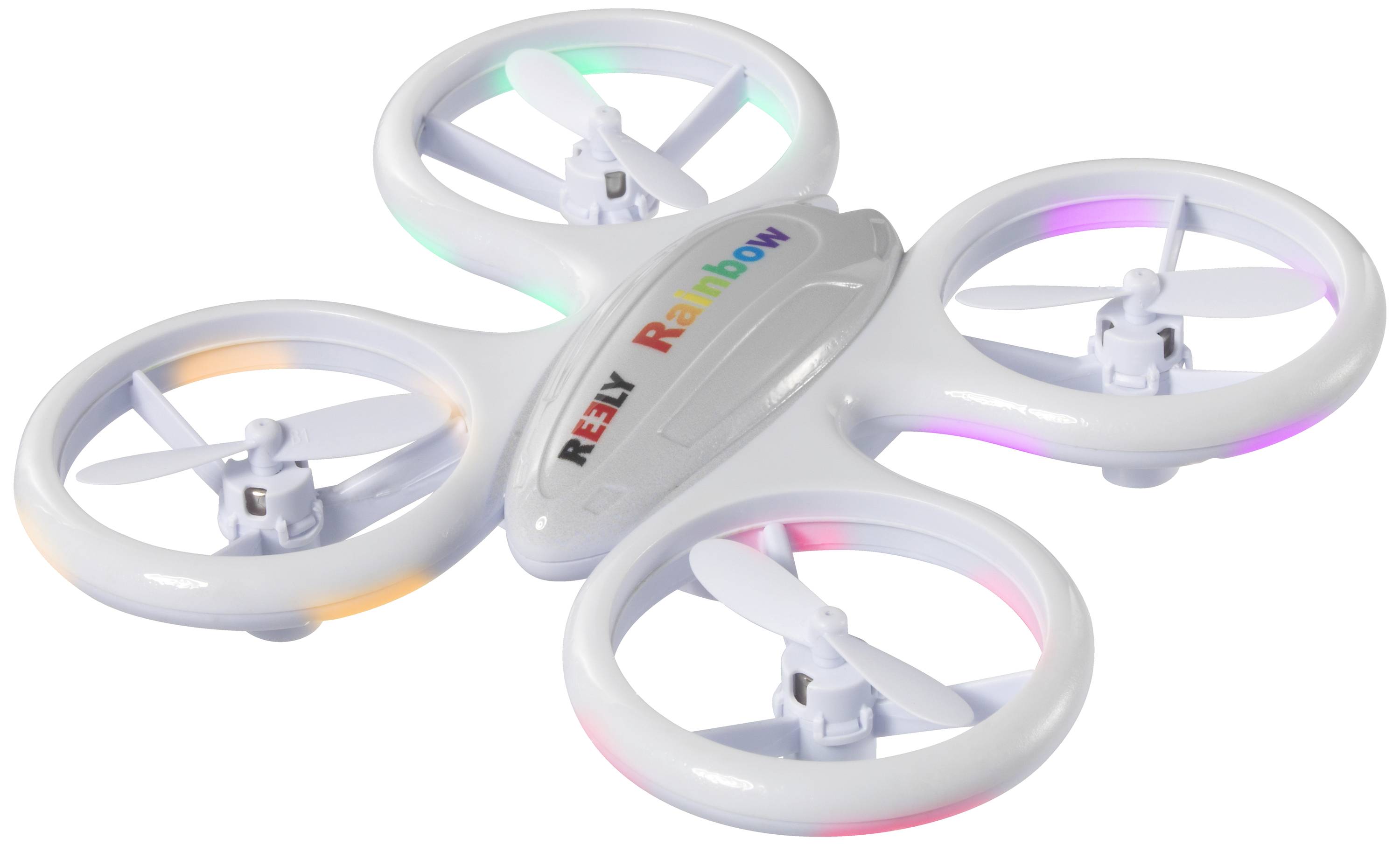 White drone with four rotors, illuminated with colourful LED lights; inscription: 'RELY Rainbow'.