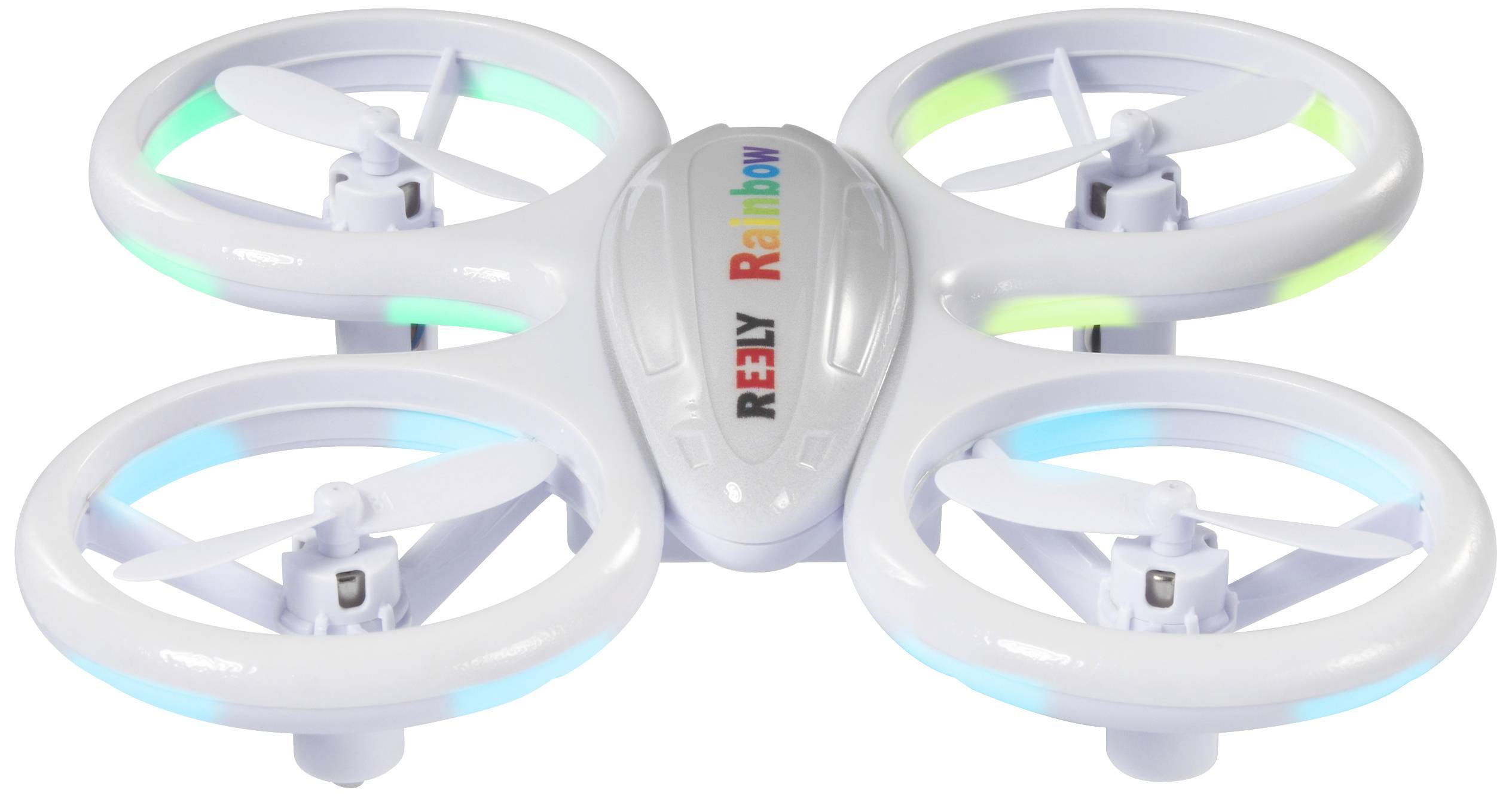 A white mini-drone with four rotors and blue and green lights, printed with 'REELY Rainbow'.