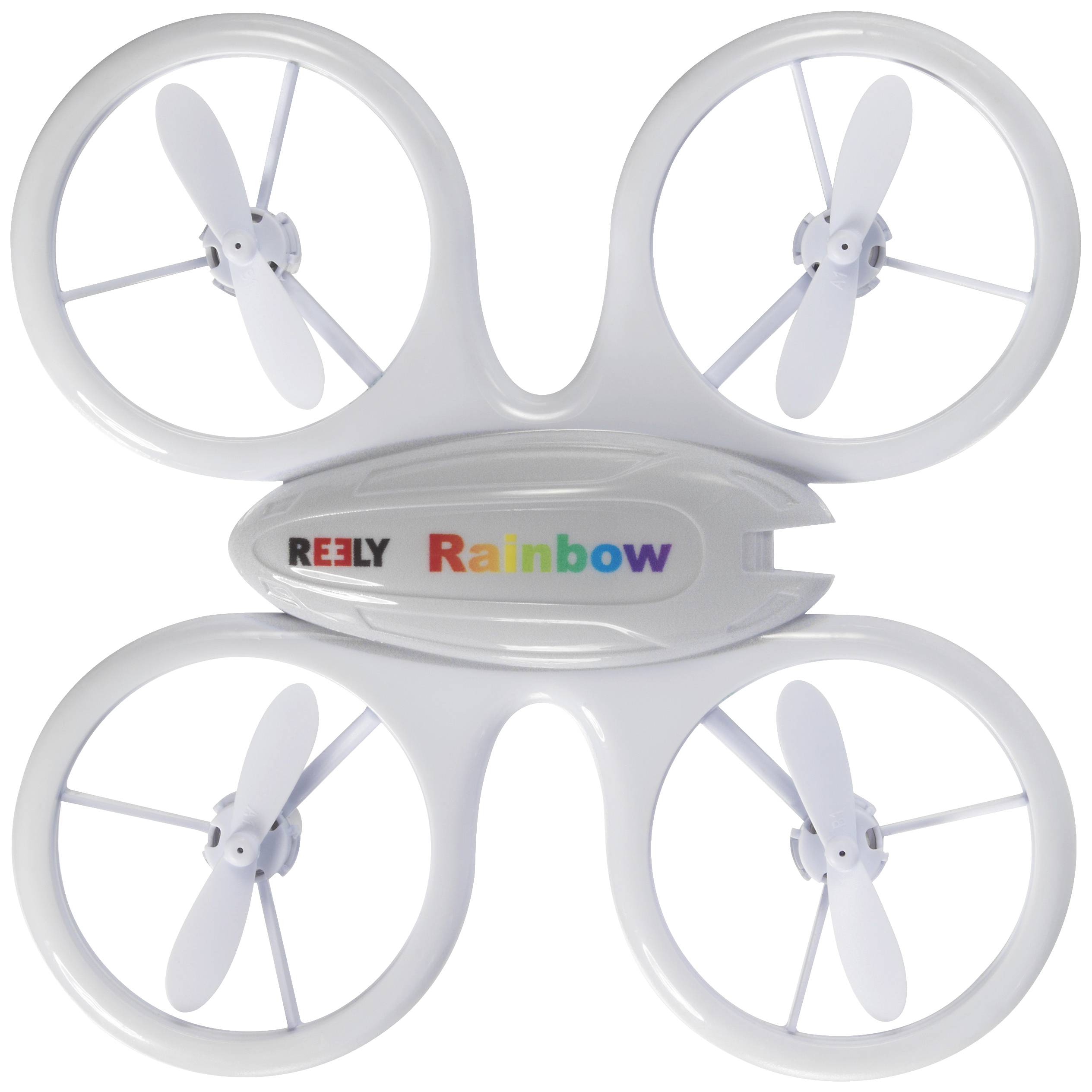 A white drone with four propellers, marked with 'Reely Rainbow' on the central body.