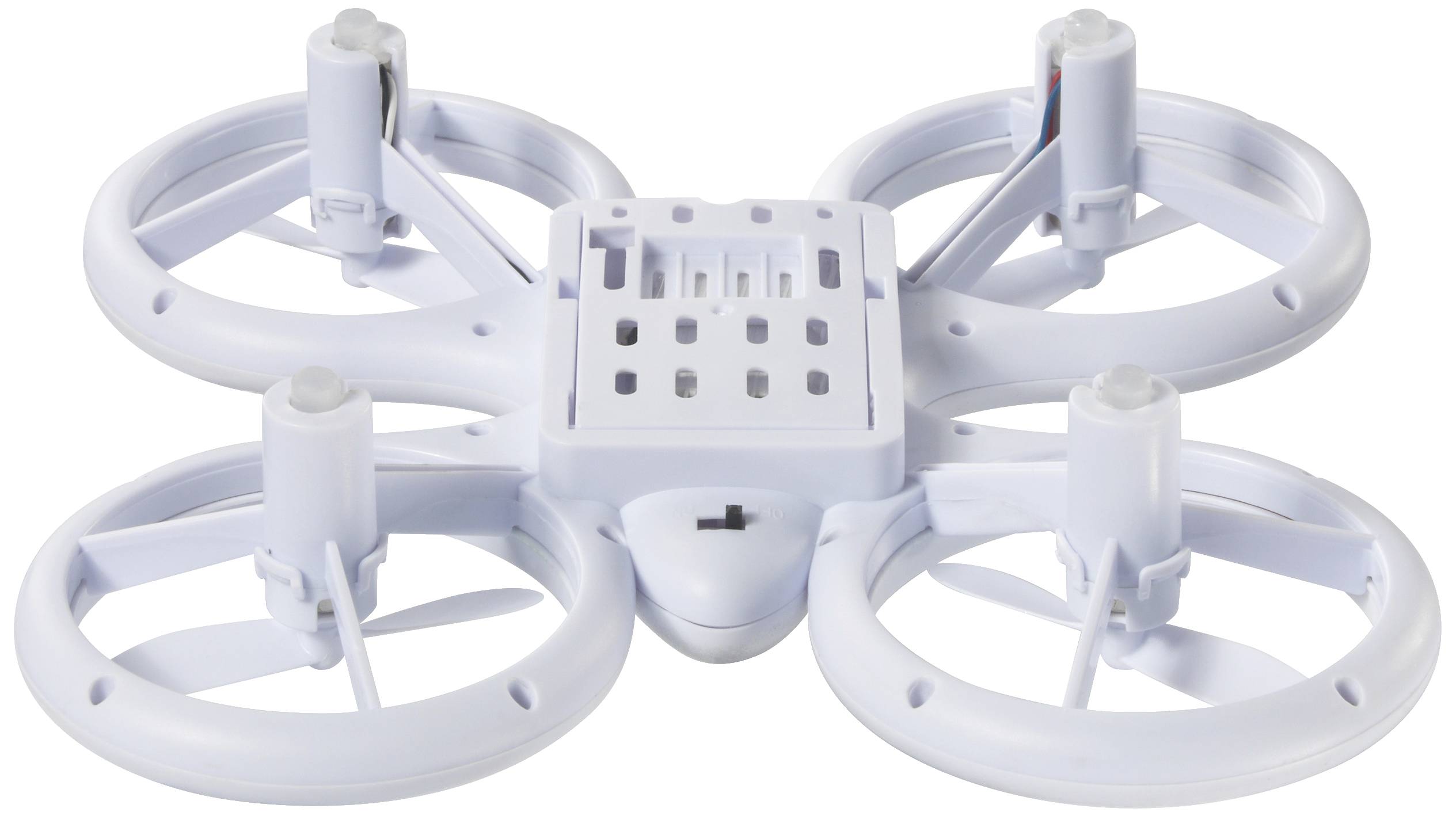 Small white drone with four propellers pointing downwards, on a white background.