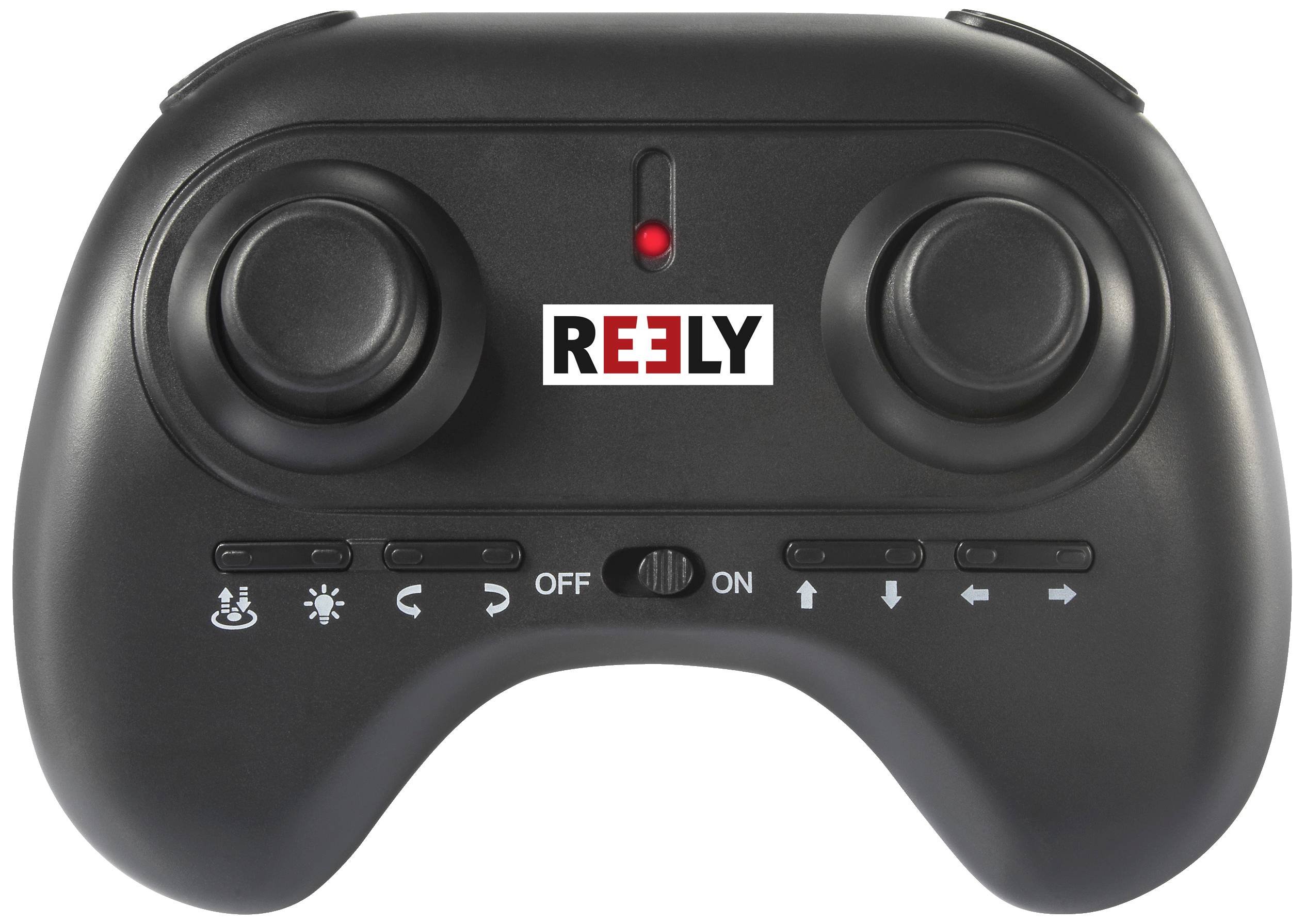 Black remote control controller with two joysticks, a central switch and a 'REELY' logo in the centre.