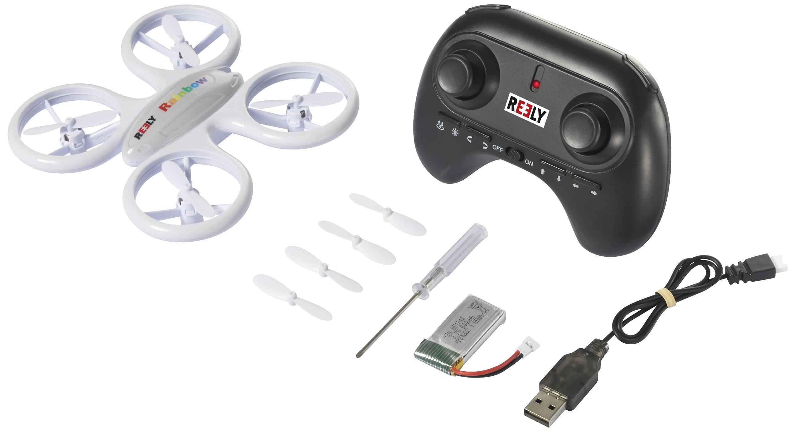 A white quadcopter drone with remote control, spare propellers, screwdriver, battery, and USB cable, placed on a white surface.