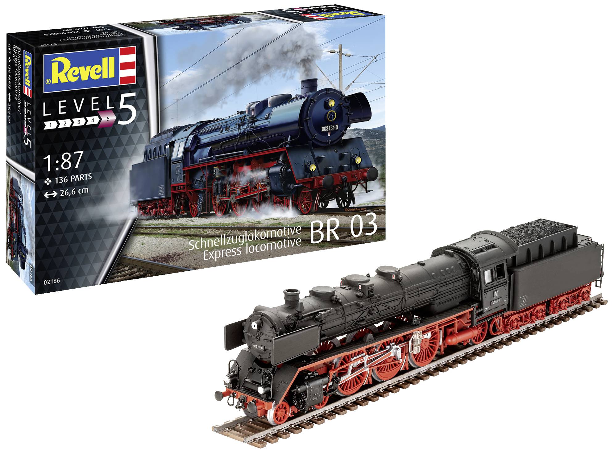 Kit for the 'Express Train Locomotive BR 03' by Revell in 1:87 scale. Shows the model on rails and the packaging with an image of the locomotive.