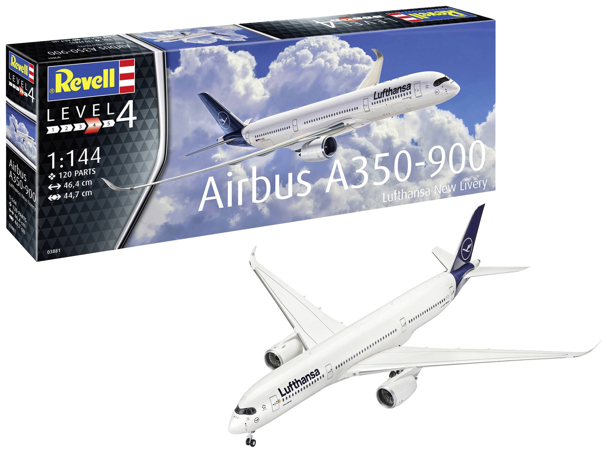 Packaging and model of an Airbus A350-900 in Lufthansa livery. Model at 1:144 scale; contains 120 parts.