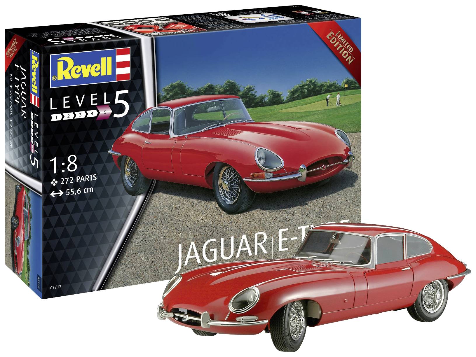 Model kit of a red Jaguar E-Type Coupé at 1:8 scale