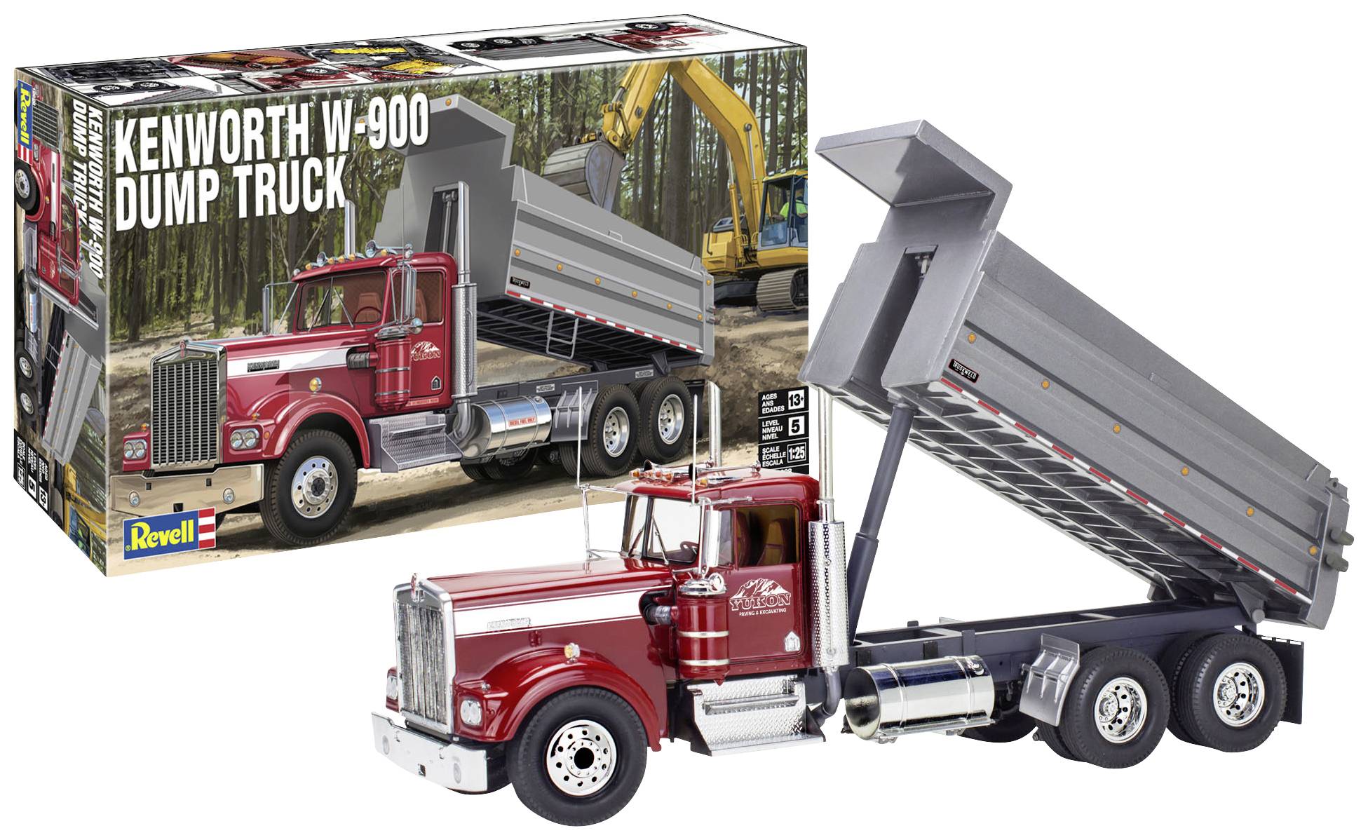 Kit for a Revell Kenworth W-900 tipper lorry. Contains a detailed model with tipping load bed. Packaging depicts the lorry in a woodland setting.