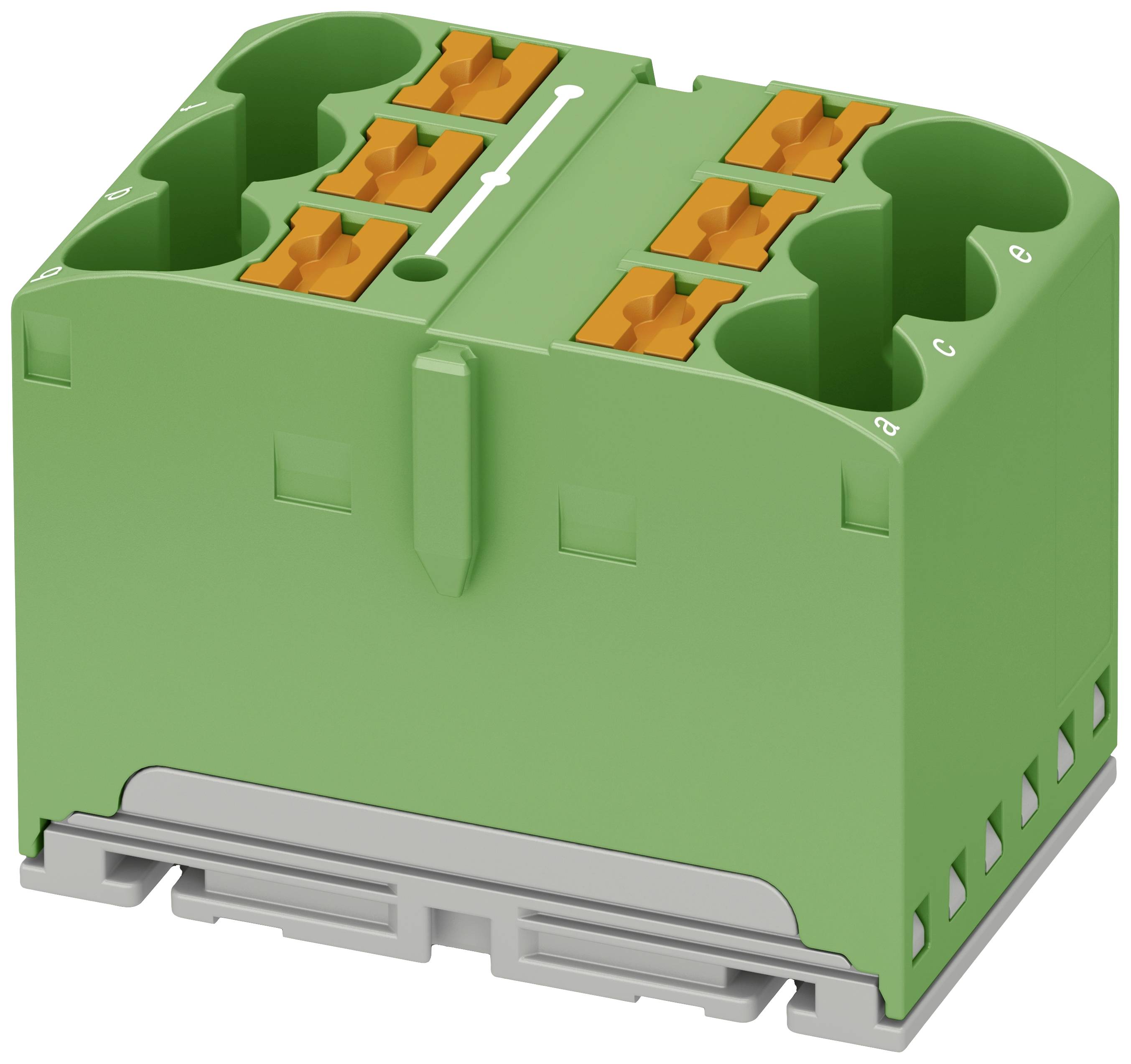 A green electrical connector with orange terminals, suitable for connecting wires in electrical engineering applications.