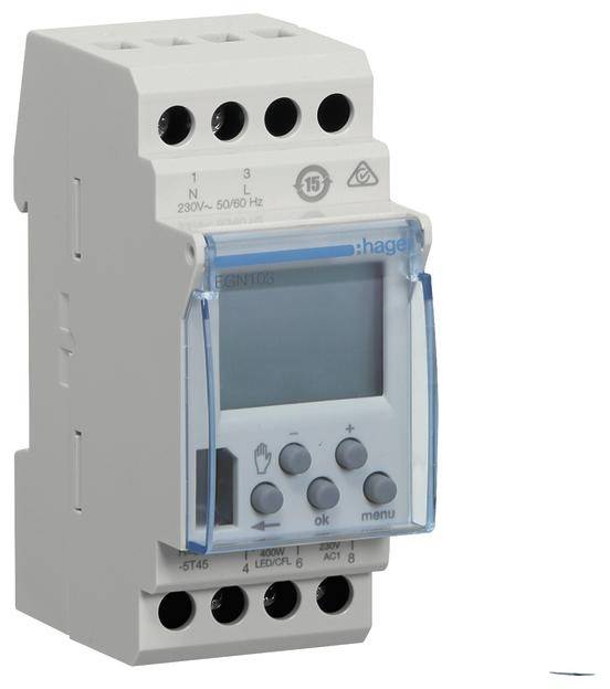 Electronic time switch for DIN rail, display shows current settings. Housing with multiple connection options.