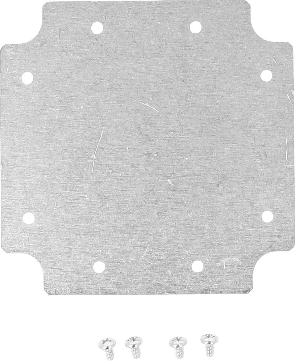 Metal plate with rounded corners and eight drill holes, with four screws underneath.