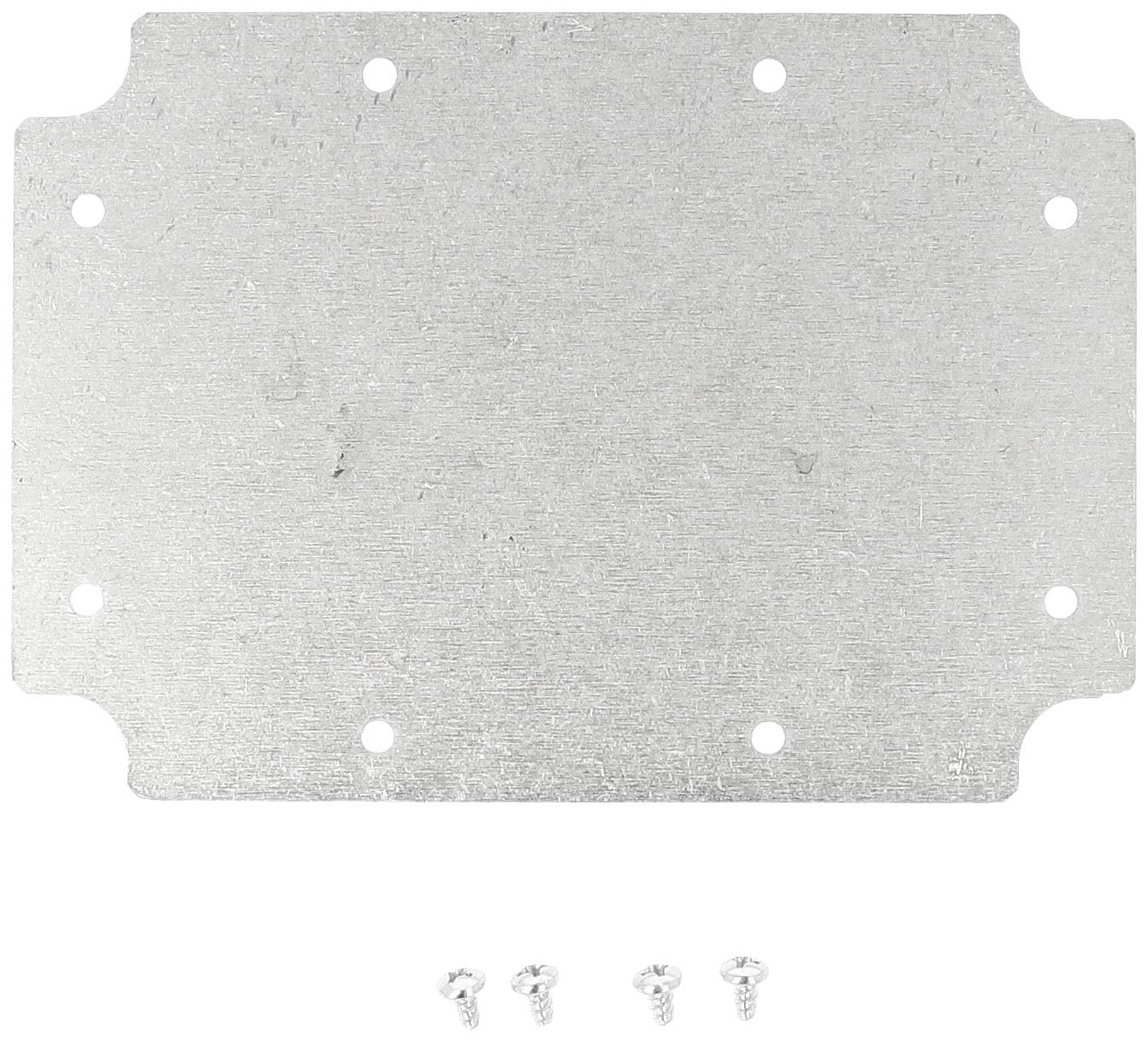 Rectangular metal plate with eight holes and three screws underneath. Purpose: Used for fixing or assembling structures.