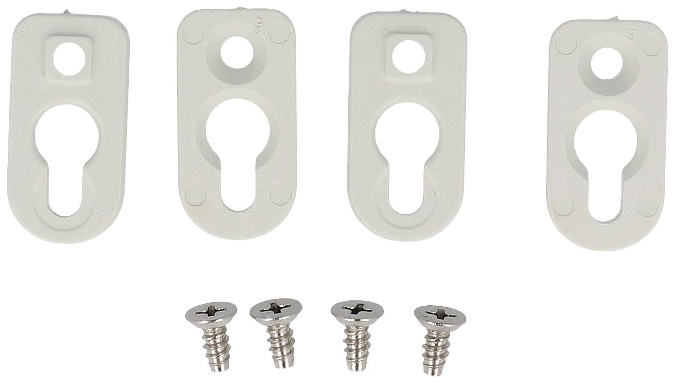 Four white plastic mounting brackets with oval openings and four metal screws underneath, presumably for wall mounting.