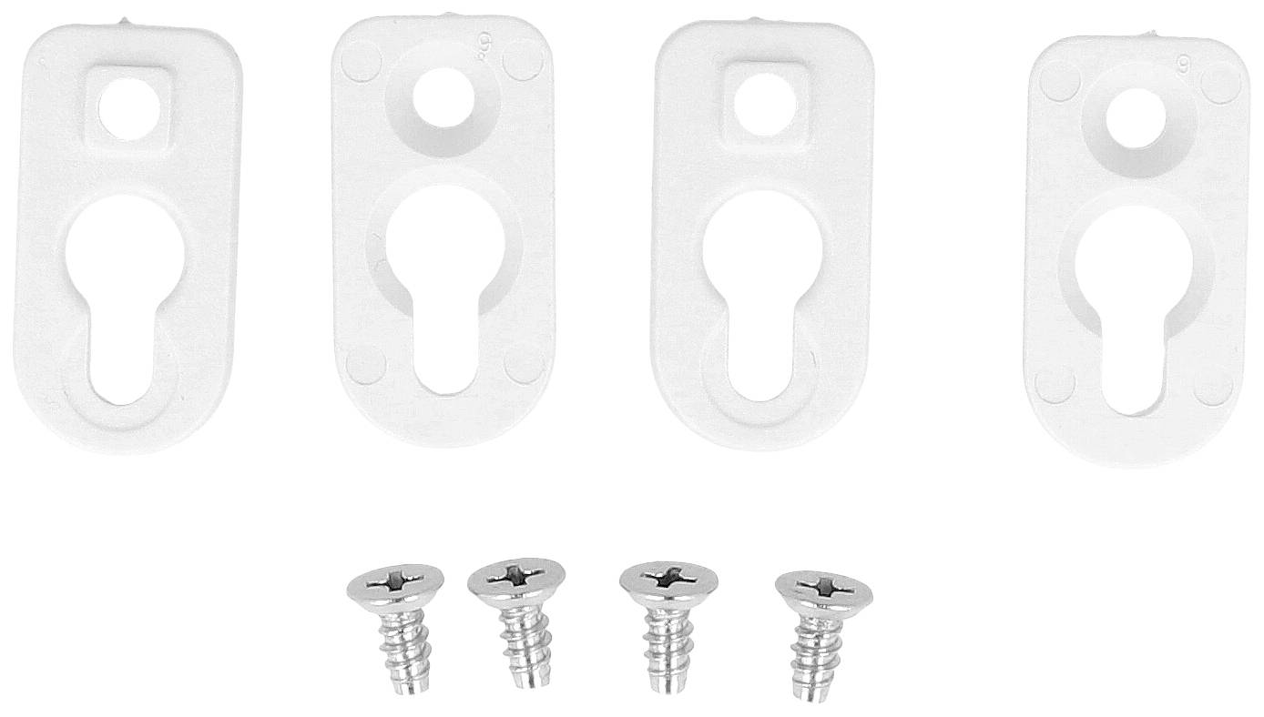 Four white brackets and four matching screws, arranged in two rows.