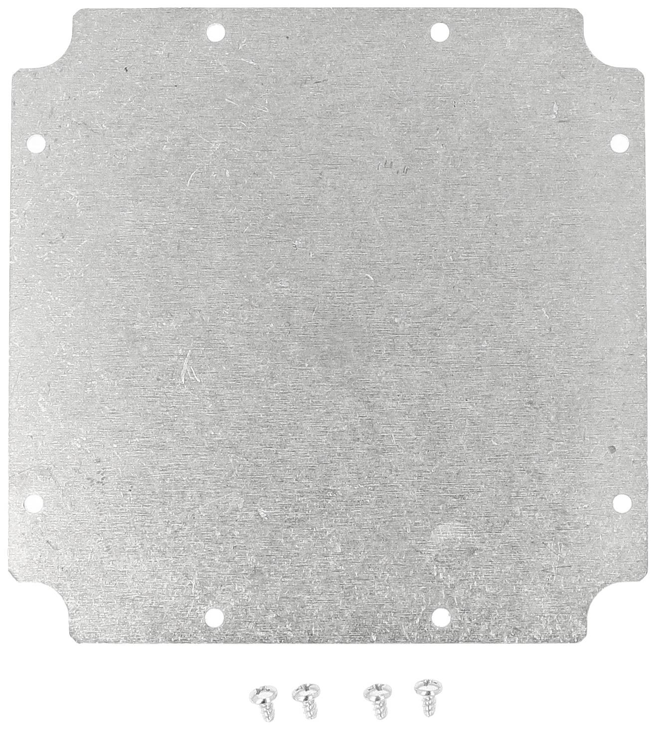 A square metal plate with rounded corners and four screw holes, with four loose screws.