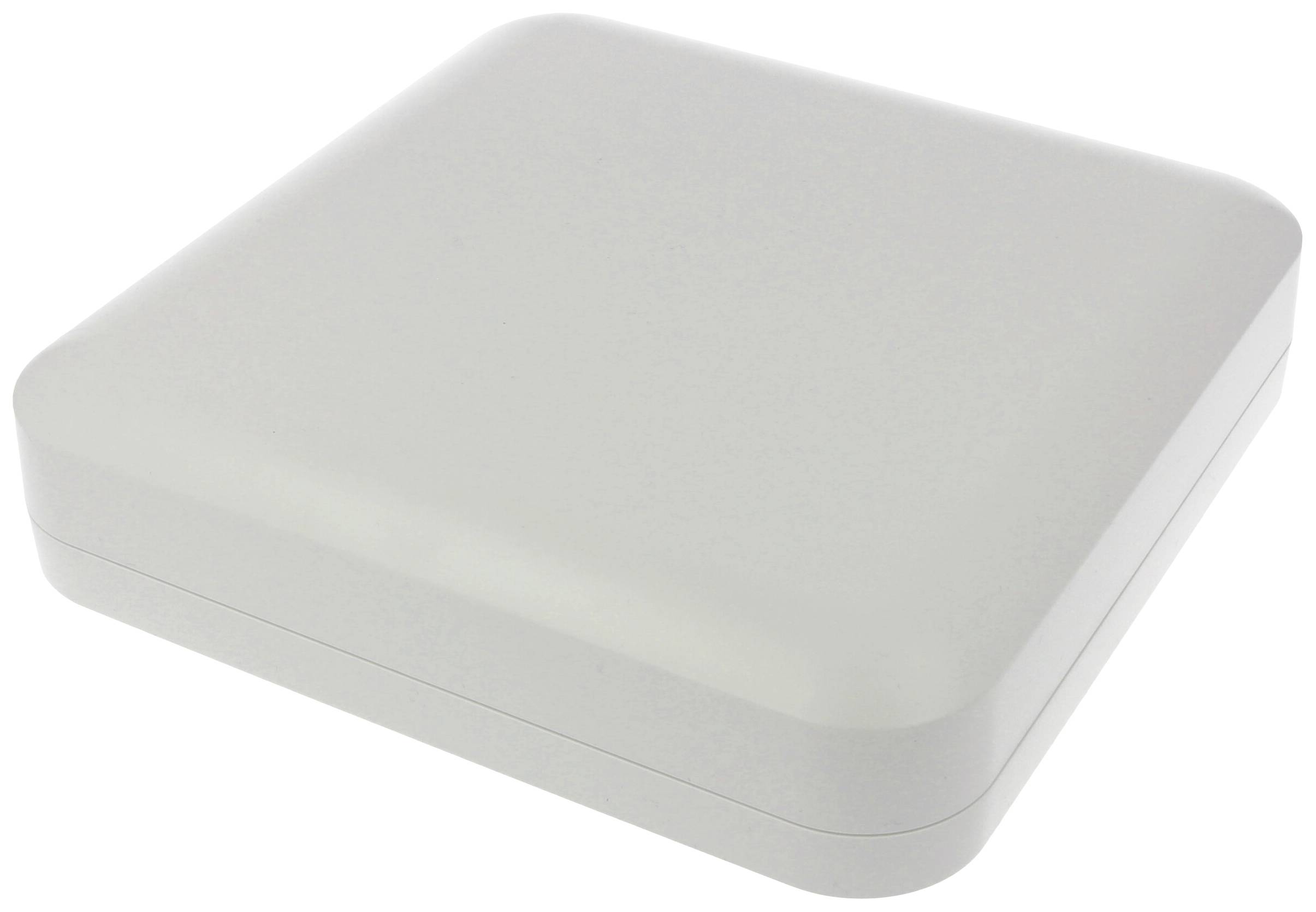 A white, square housing with rounded corners, for storing or protecting items.