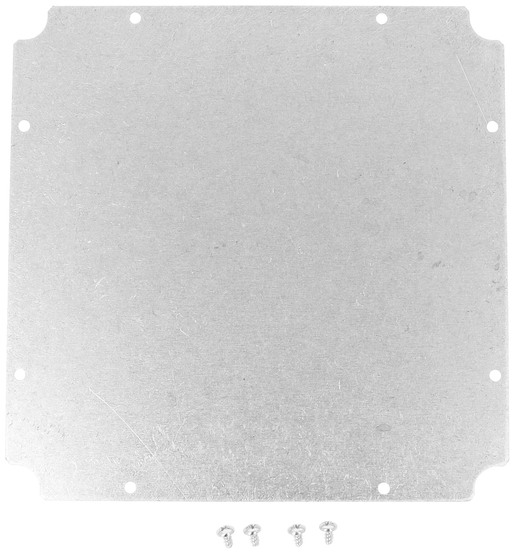Metal plate with a rectangular shape and rounded corners, perforated with several holes, with three screws beside it.