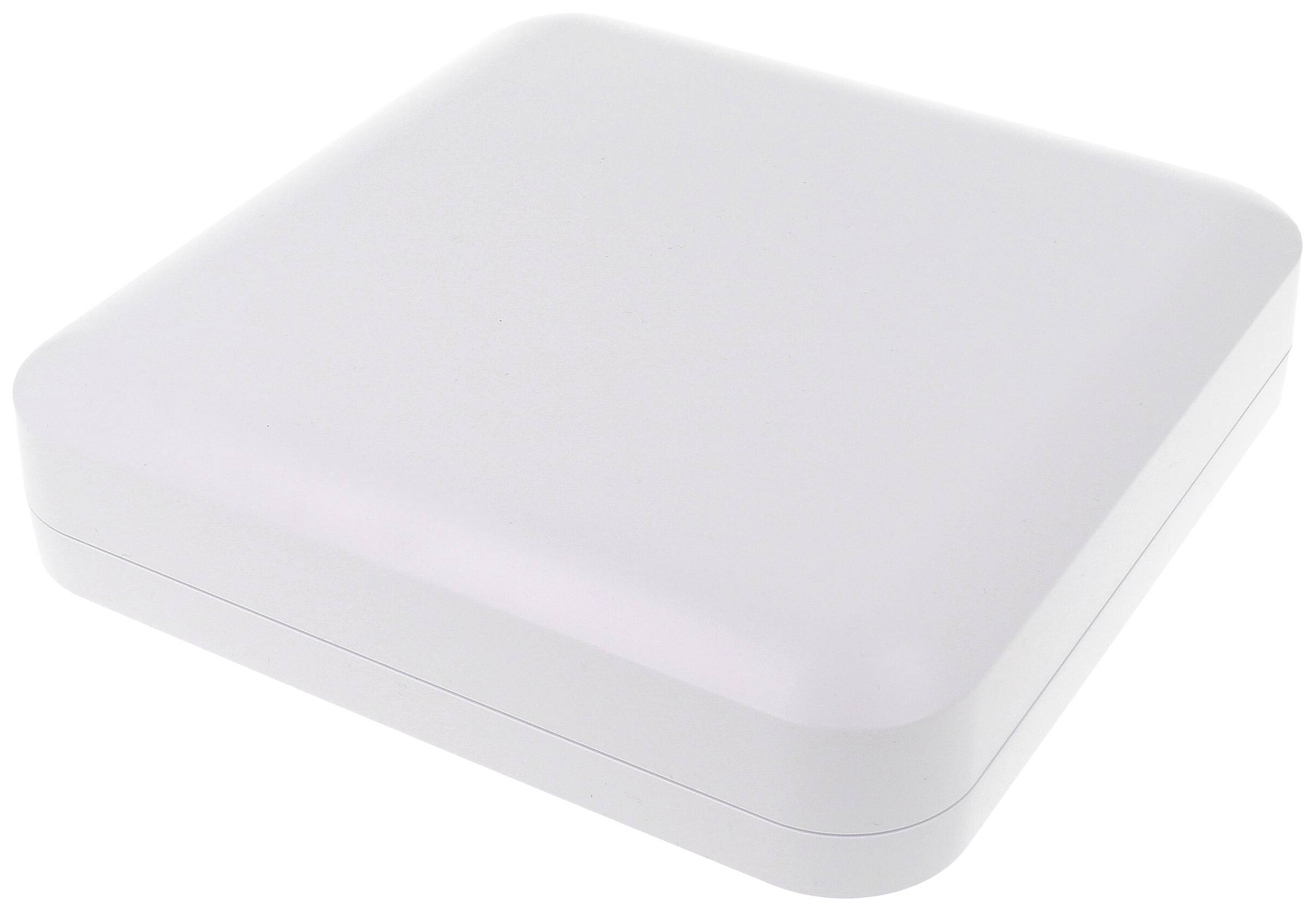 White, square, flat box with rounded corners, closed.