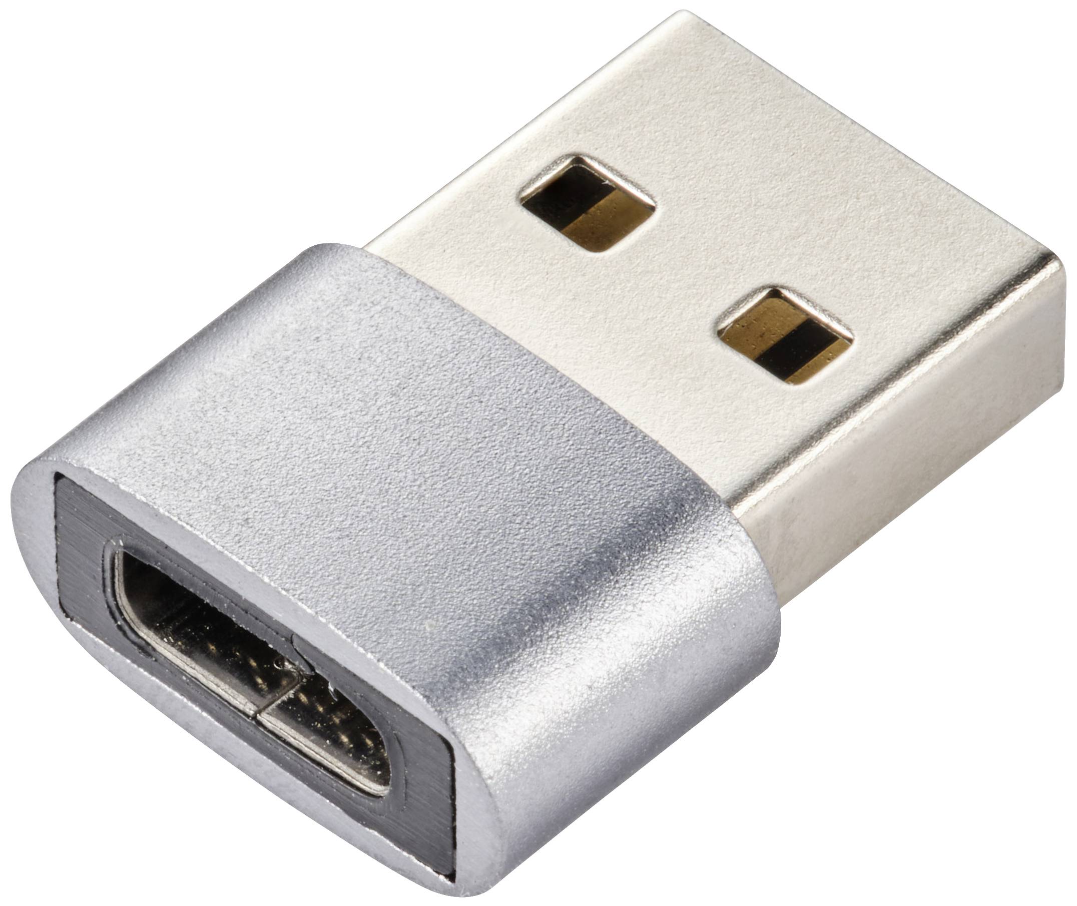 USB adapter with metal casing, USB-A plug to USB-C socket. Used for connecting devices with different ports.