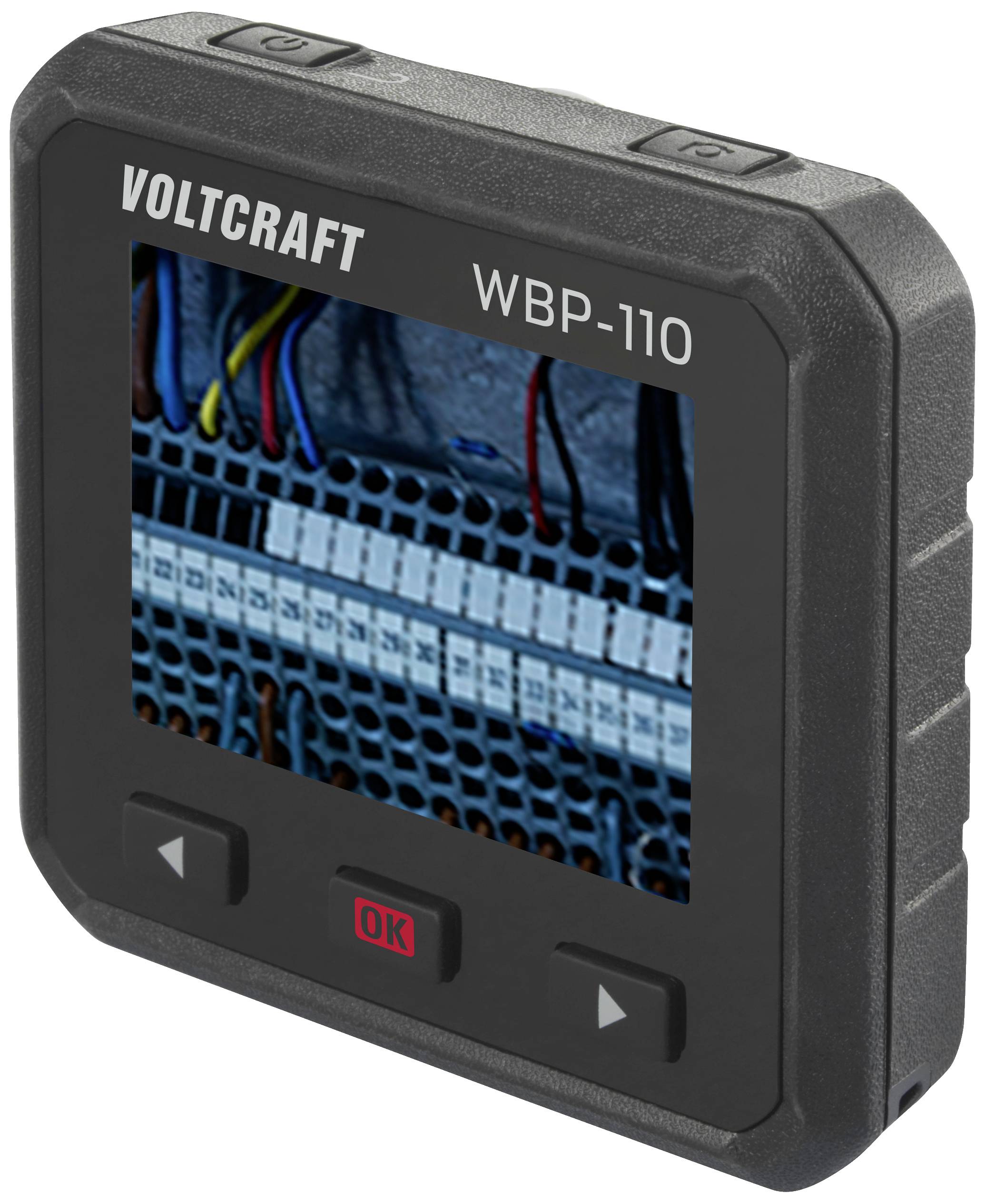 A black device serving as a testing tool displays an image of electrical wiring and devices on its screen.