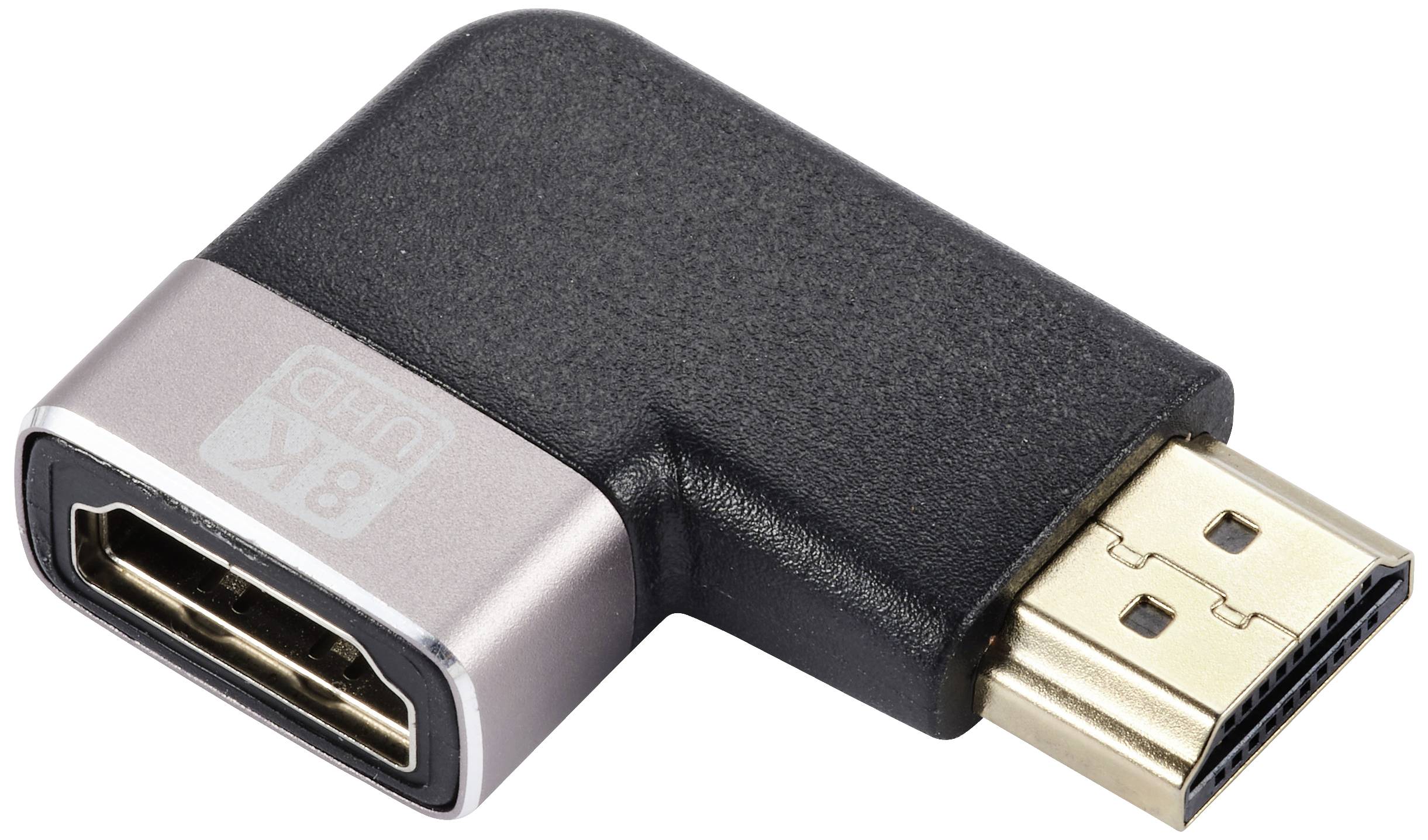 An HDMI right-angle adapter that bends an HDMI cable by 90 degrees to save space and facilitate cable connection.