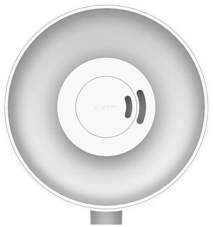 A round, silver-white, flat bowl with a central white lid on which the brand name is written in grey.