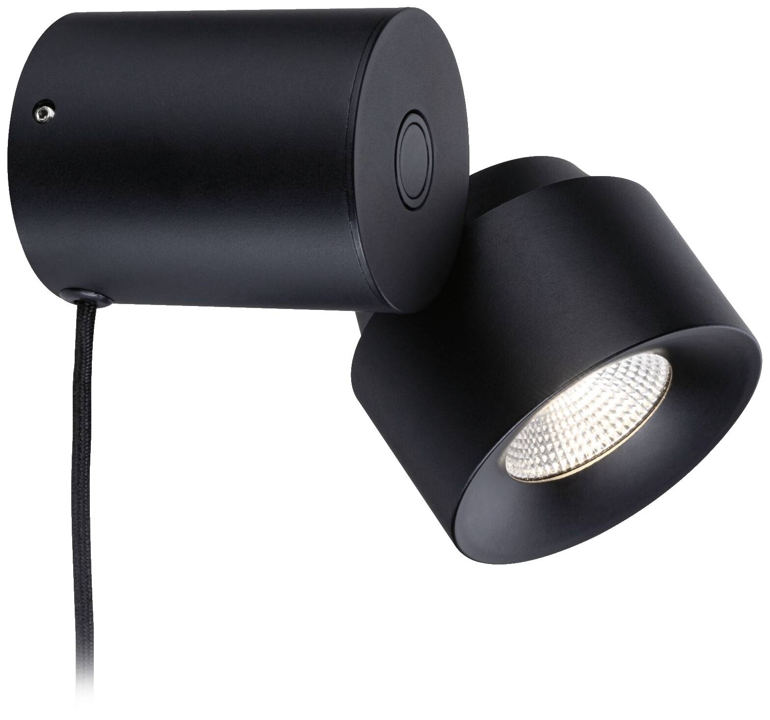 Black, cylindrical wall spotlight with adjustable head and LED light, modern and compact, suitable for accent lighting.