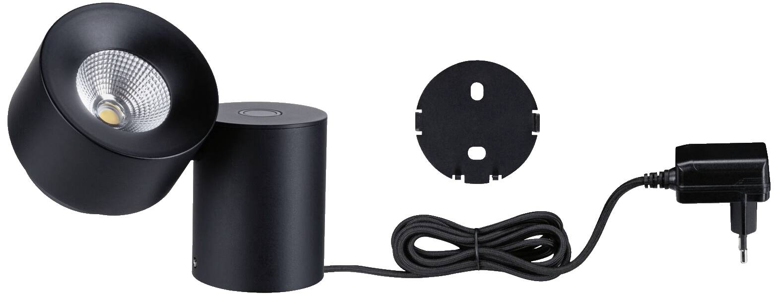 A black, cylindrical LED spotlight with cable and plug, suitable for wall or ceiling mounting, in a modern design.