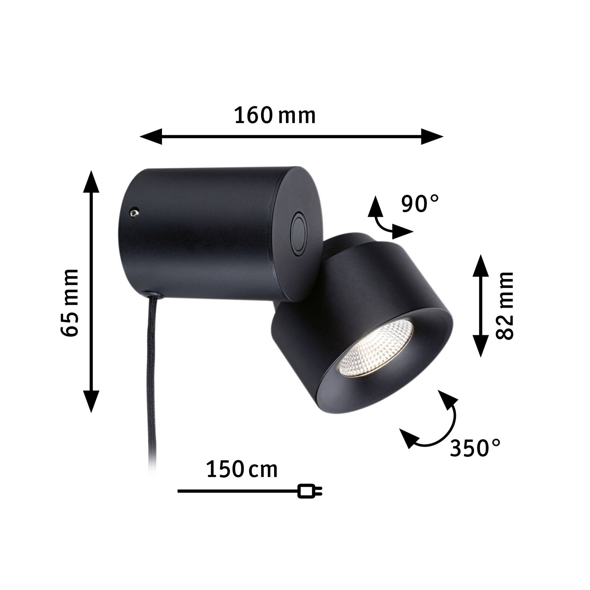 Black wall lamp with adjustable head. Dimensions: Head 160 mm length, 82 mm height, Base 65 mm height. Swivels 350° and tilts 90°. Cable 150 cm long.