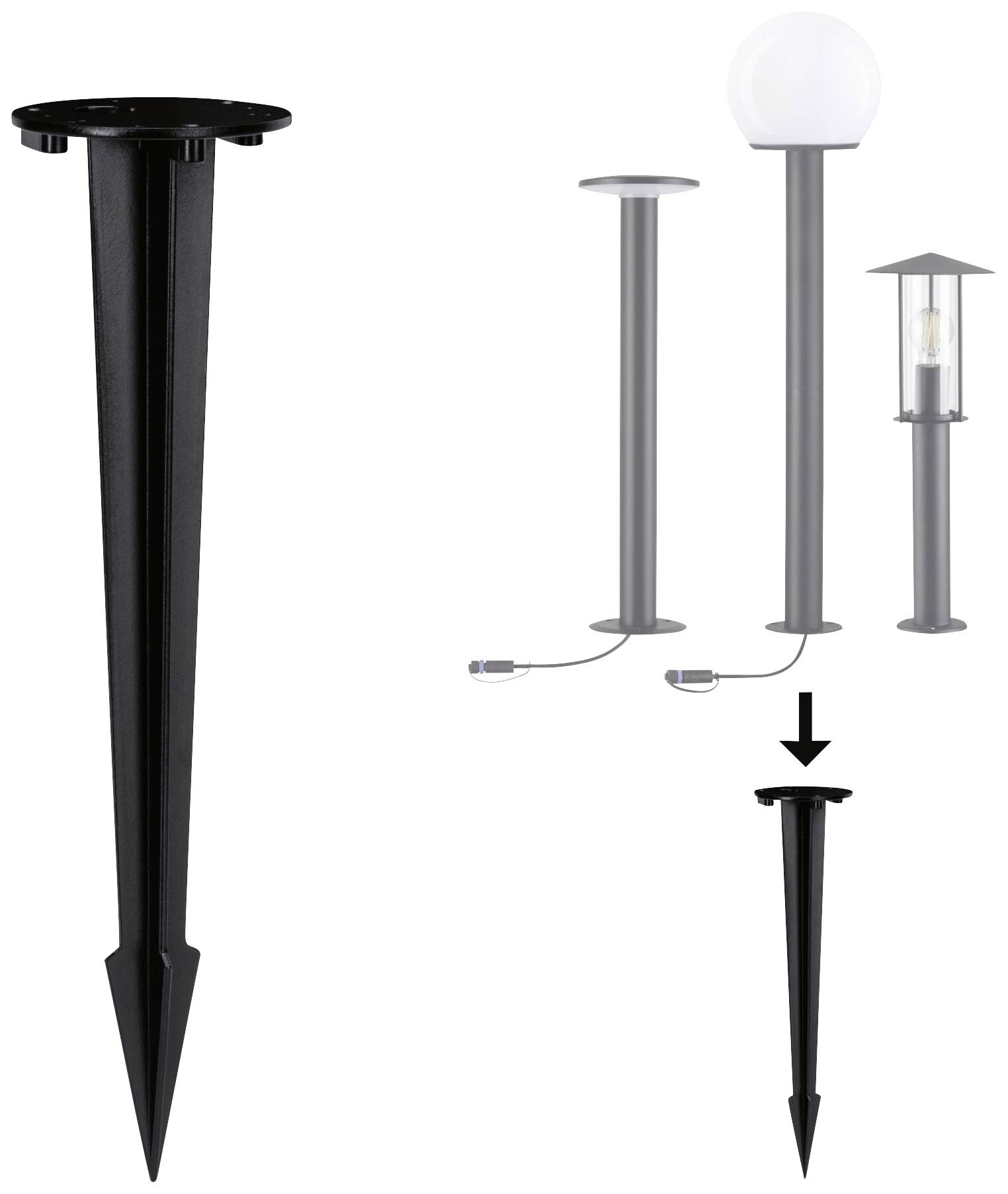 Black ground spike for securing ground lamps, illustrated with three different lamp types: sphere, cylinder, and lantern.