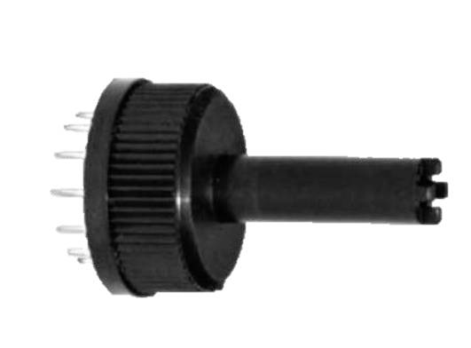 Black plastic handle with a ridged cap and metal pins on the side. Used for mechanical adjustment or connection.