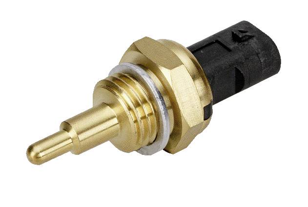 A temperature sensor with golden metal and black plastic components for measuring temperatures in mechanical systems.