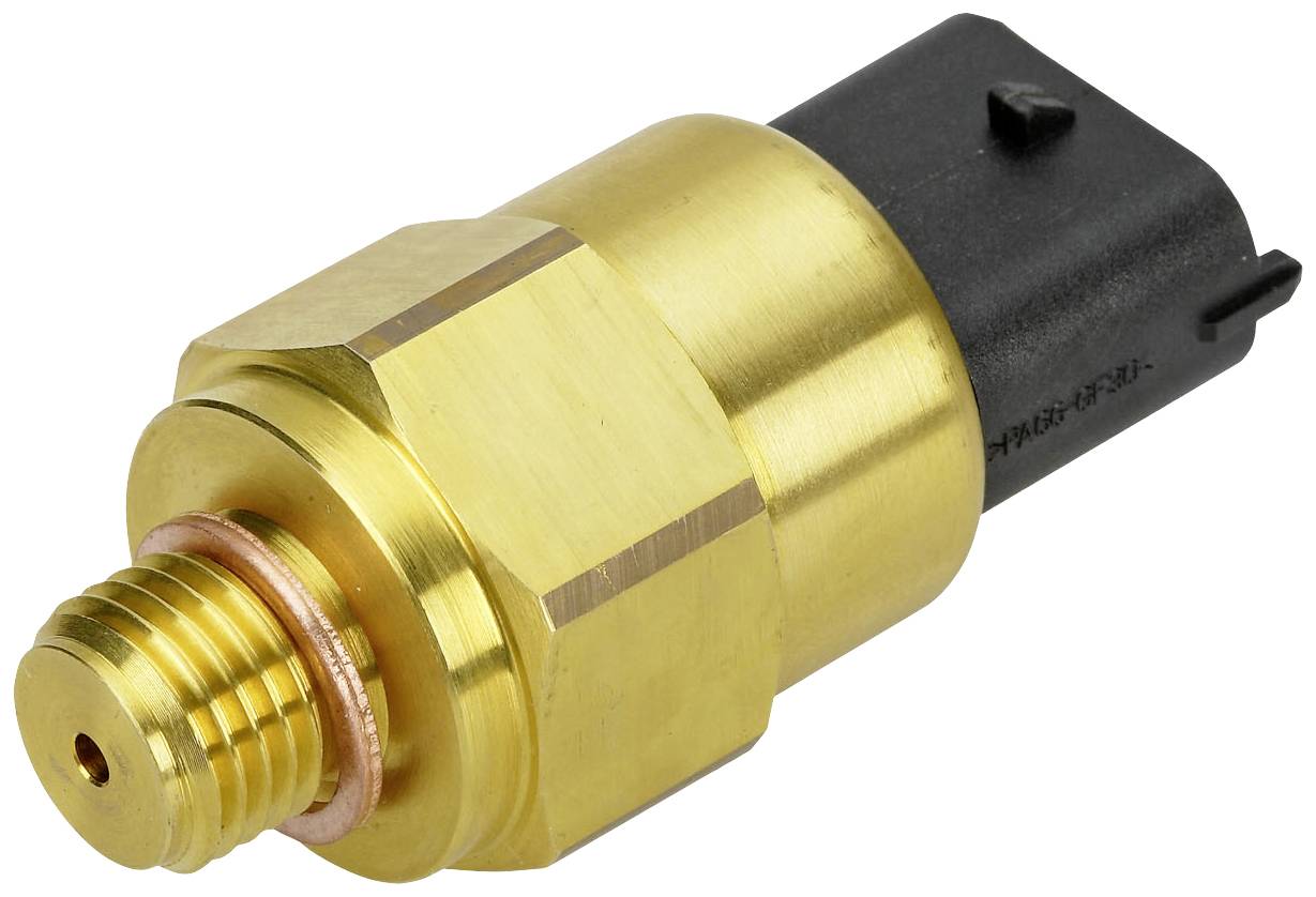 A gold-coloured sensor with a black plastic connector, likely suitable for pressure measurements in technical applications.