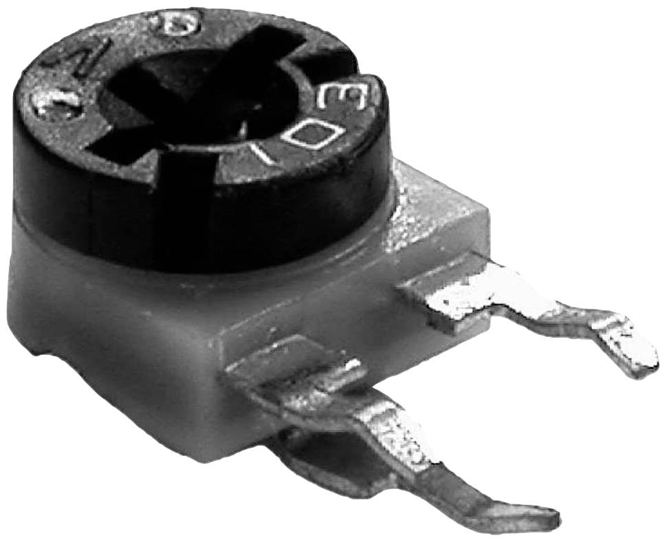 Electronic resistor with an adjustable rotary control and three terminals, often used for fine-tuning in circuits.