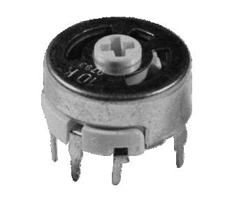 A small, round, multi-legged electronic rotary potentiometer with an adjustable screw on top, used for voltage adjustment in circuits.