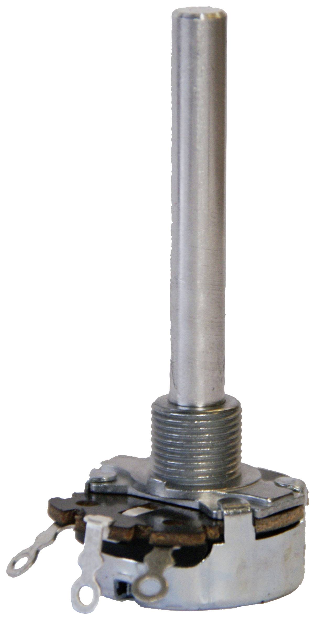 A metal potentiometer with a long shaft and multiple connections at the base. Suitable for electronic circuits.