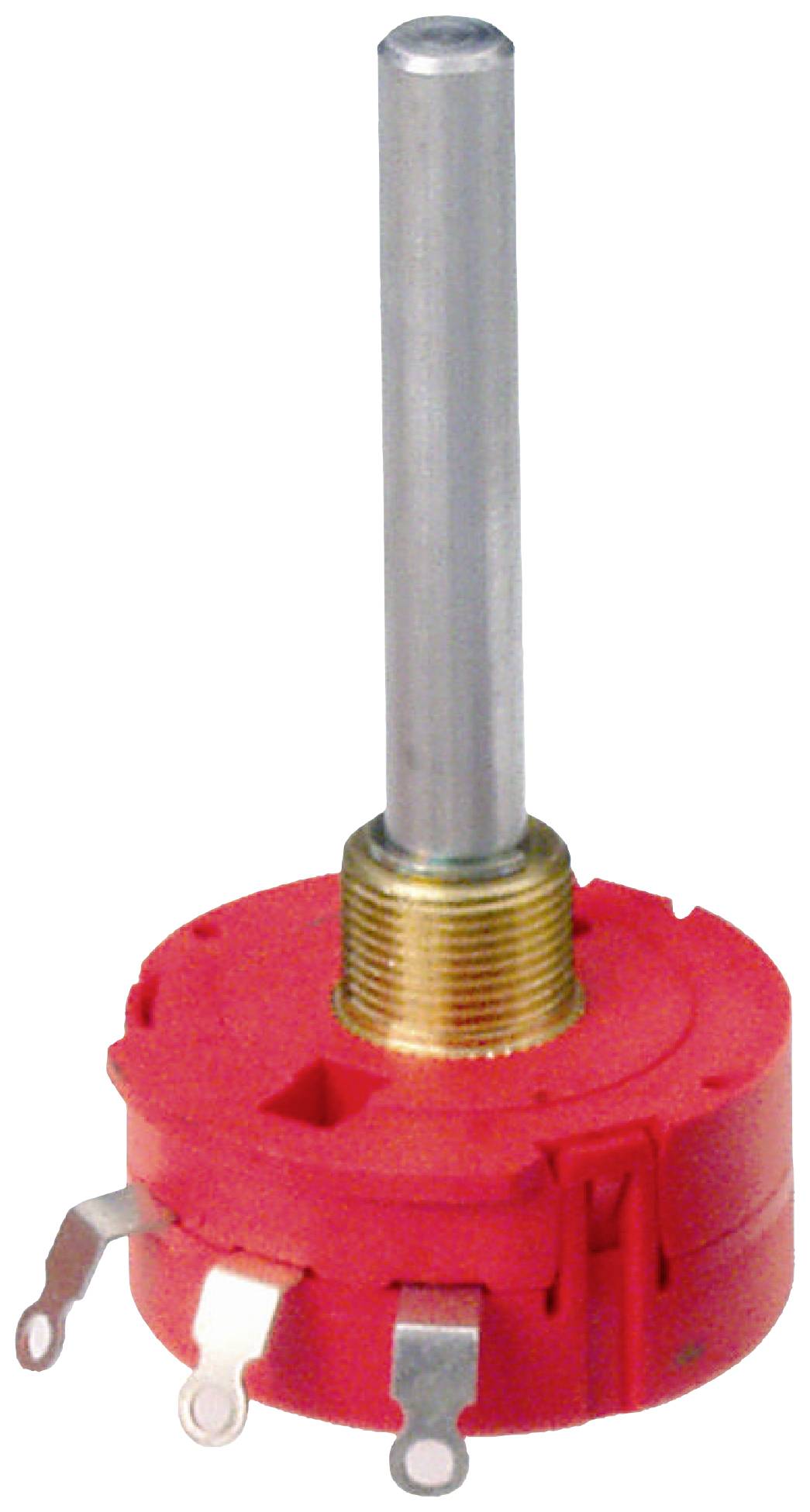 A red rotary switch with a long metallic shaft and three metal terminals, commonly used in electronic devices.