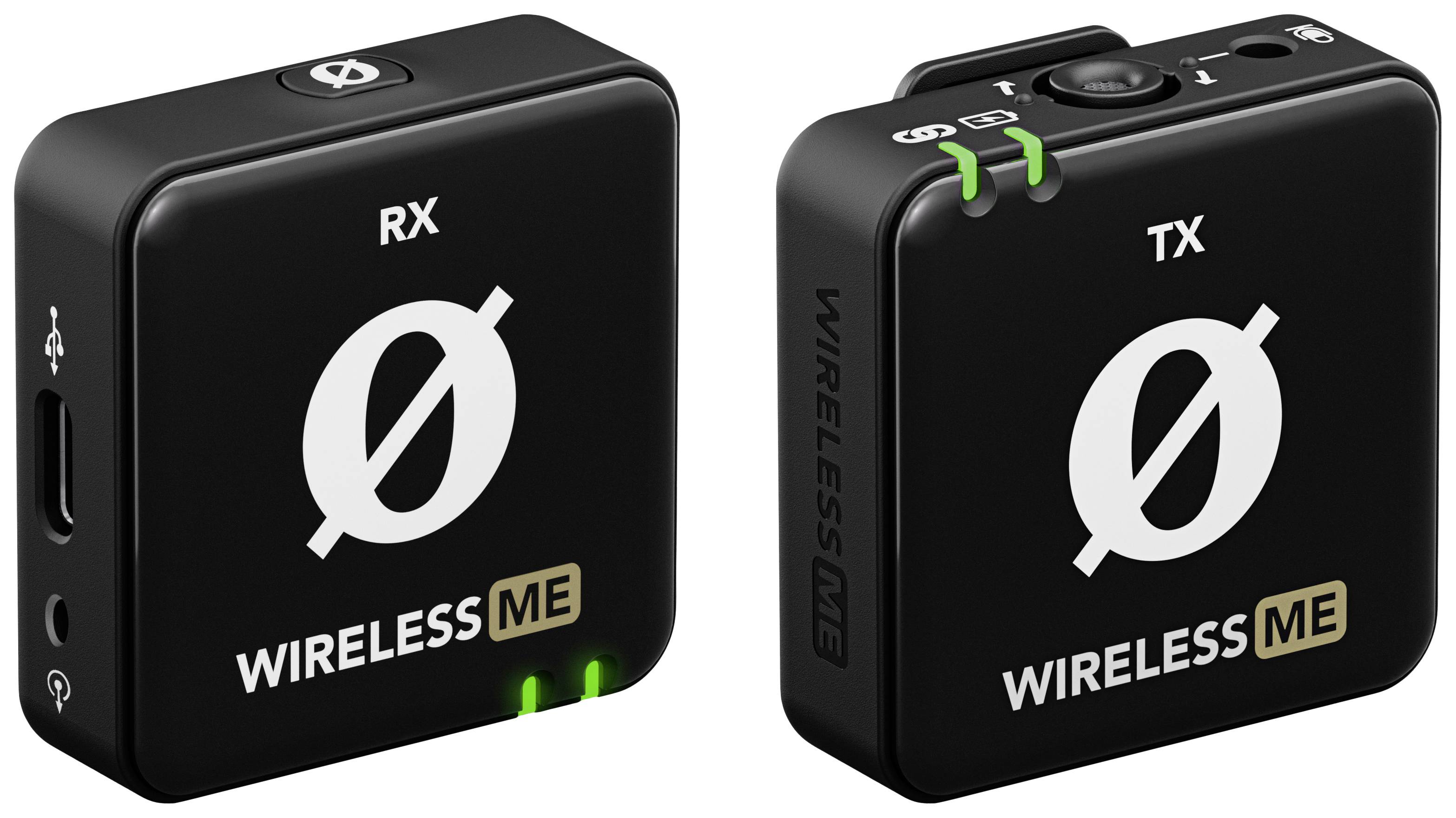 Two black wireless microphones, marked with 'RX' and 'TX', with green LED indicators.