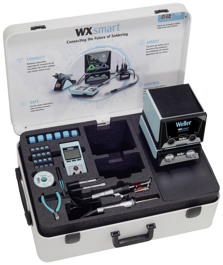 Open suitcase with soldering iron, control unit and accessories. Label reads: 'WX smart - Connecting the Future of Soldering'.
