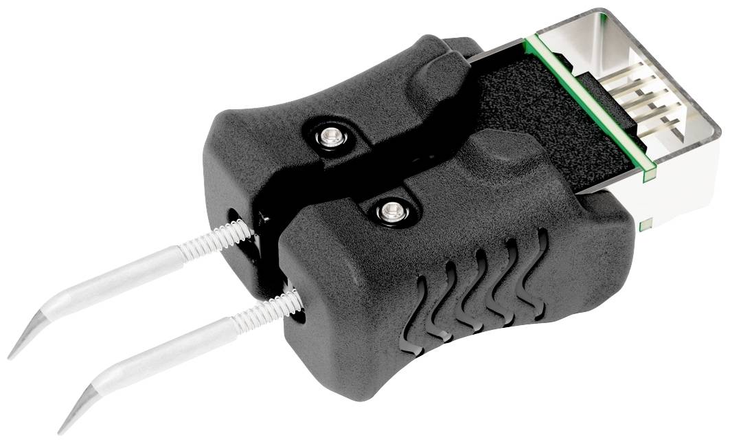 An electrical testing device with two metal probes and a USB plug. Used for checking electrical connections.