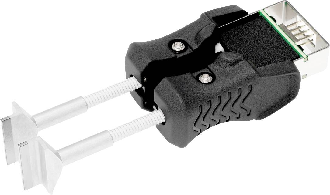 Adapter with a black, ergonomic design and metal struts. Used for connecting specific hardware components.