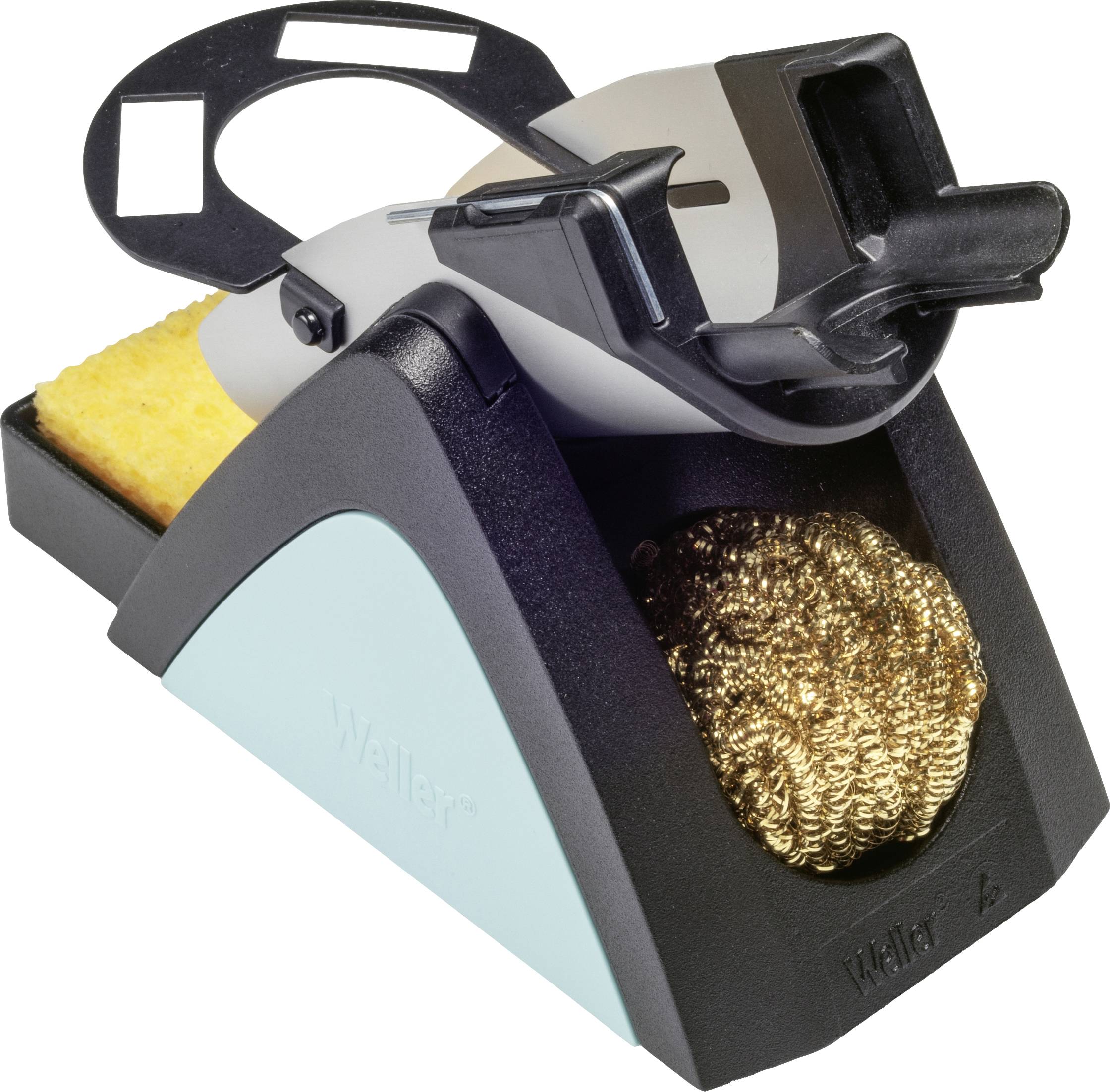 A soldering iron stand with a cleaning sponge and metal sponge for the tip, main colours are black and aqua, with 