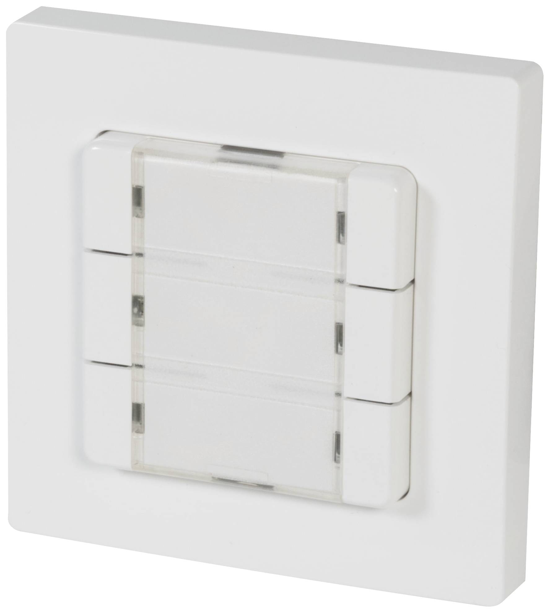 A square, white light switch with three horizontal buttons in a minimalist design.