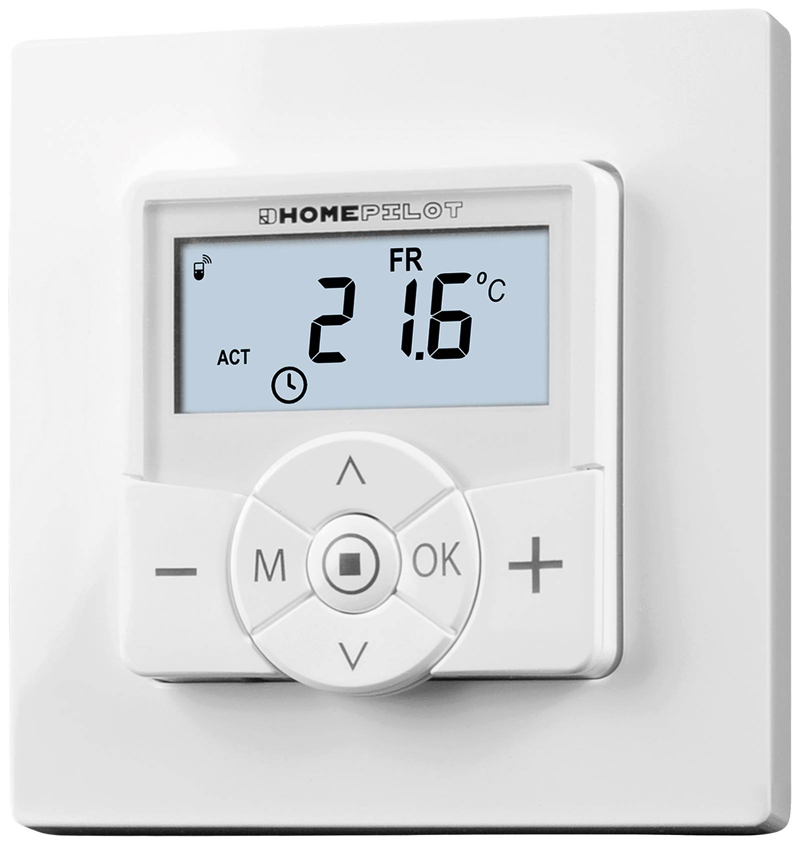 A digital thermostat on the wall shows a temperature of 21.6 degrees Celsius. The screen has symbols for time and music.