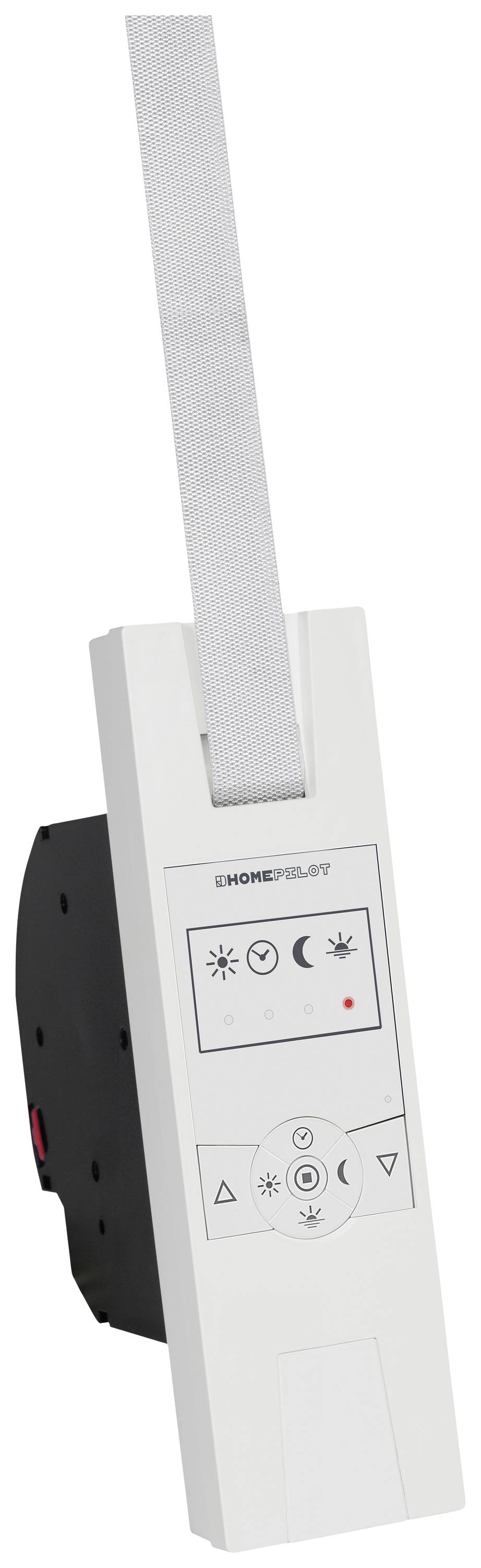 A white control panel with buttons for operating a roller blind, displaying symbols for Up, Down and Stop, along with a small LED indicator.