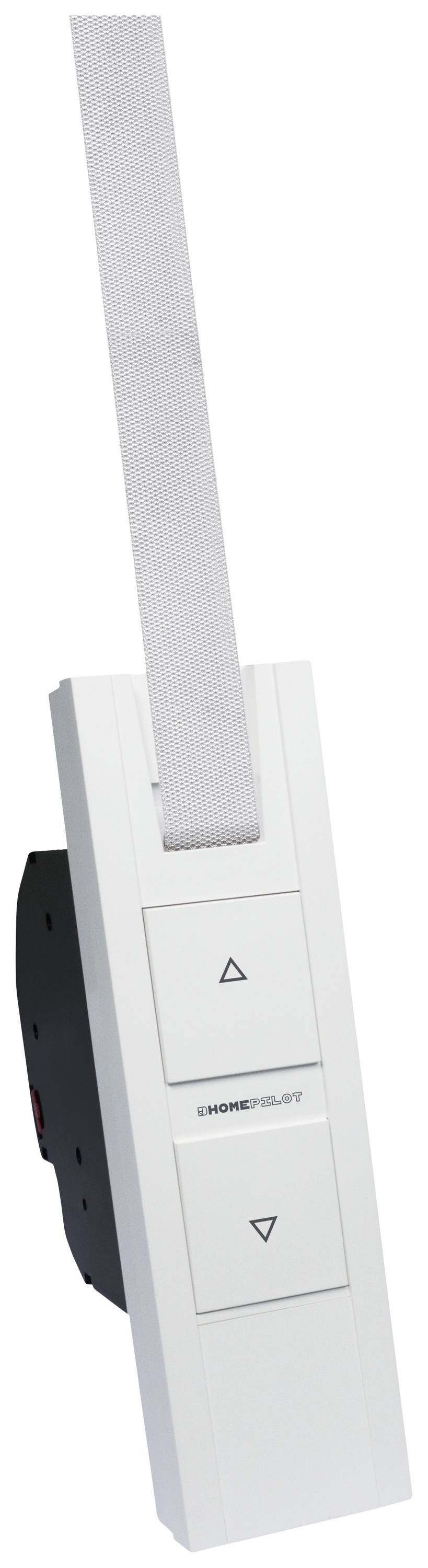 A white remote control with two arrow buttons for controlling a motorised device such as a roller shutter.